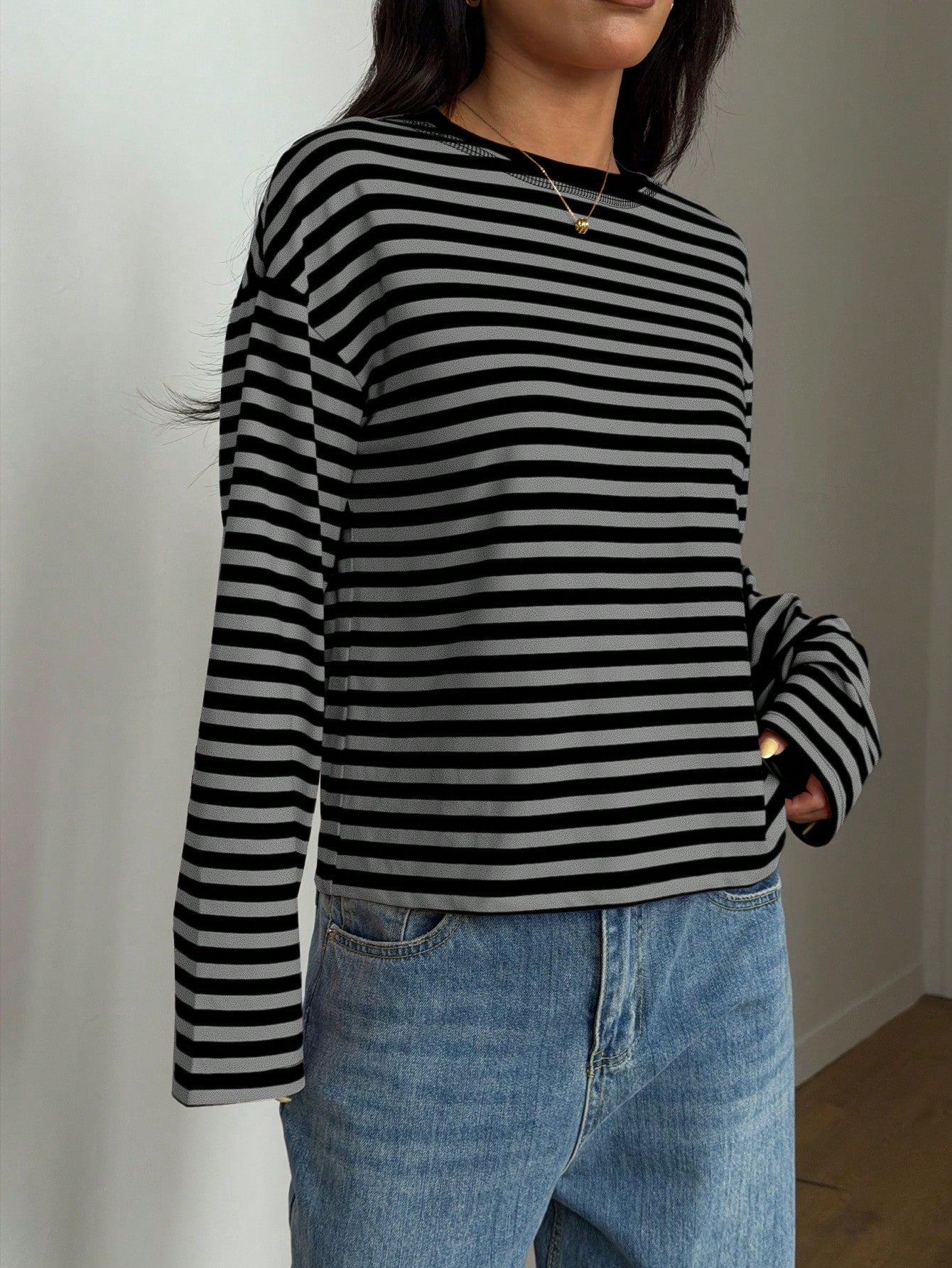 Women's Casual Top, Striped Contrast Ribbed Knit, Everyday Wear, Spring/Autumn