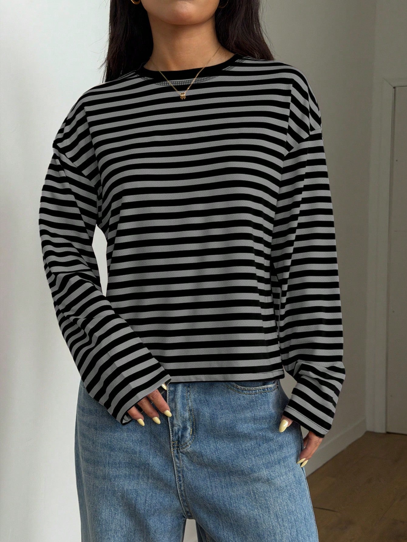 Women's Casual Top, Striped Contrast Ribbed Knit, Everyday Wear, Spring/Autumn