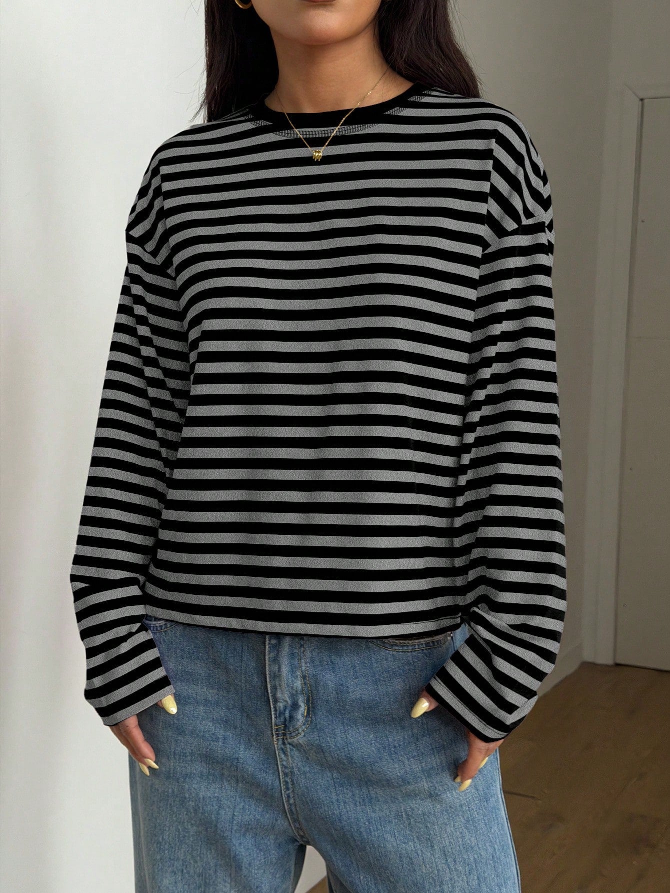 Women's Casual Top, Striped Contrast Ribbed Knit, Everyday Wear, Spring/Autumn