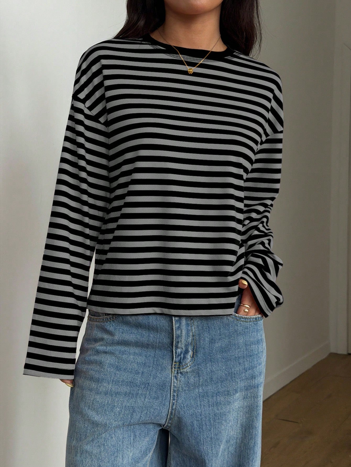 Women's Casual Top, Striped Contrast Ribbed Knit, Everyday Wear, Spring/Autumn