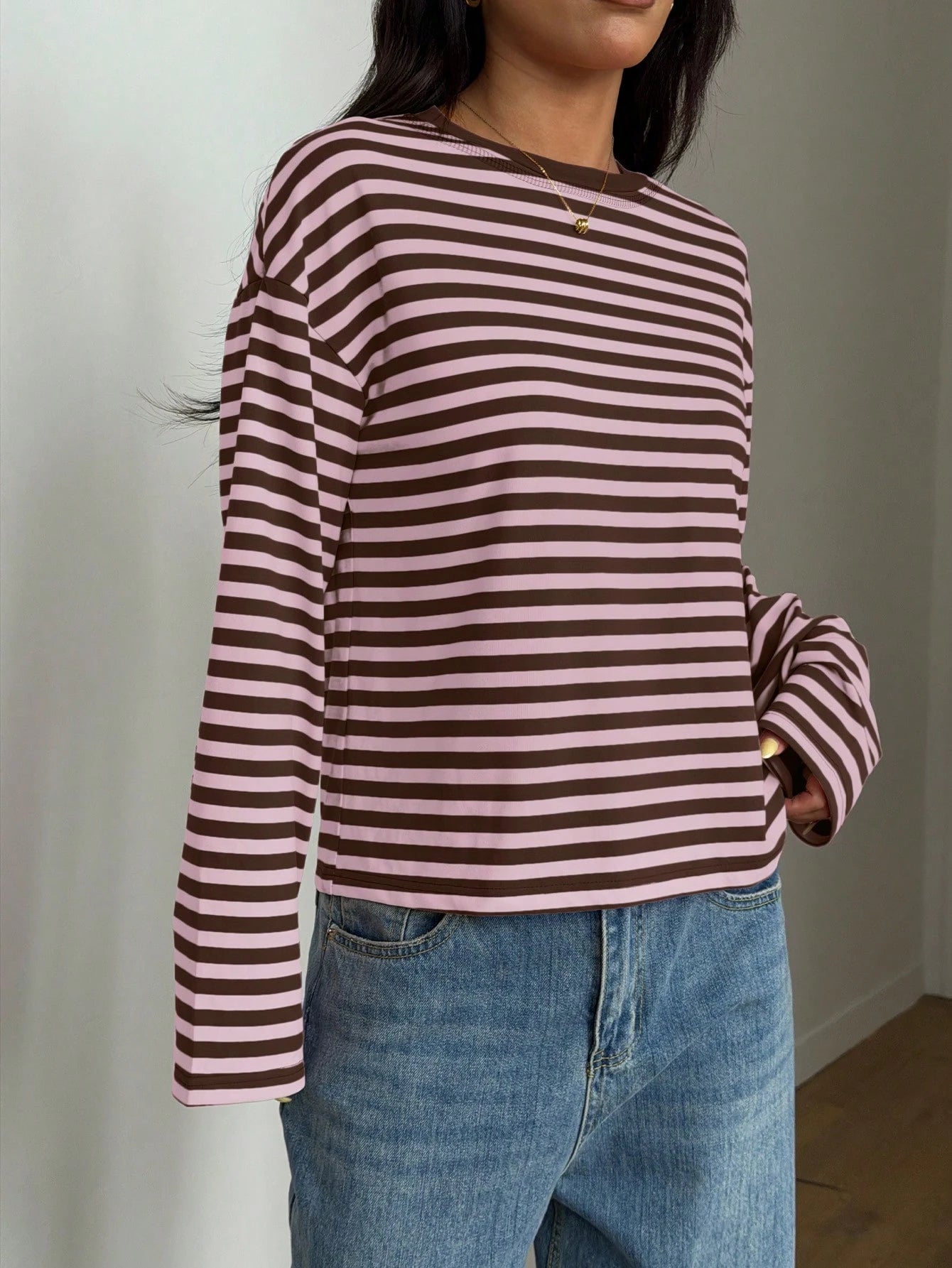 Women's Casual Top, Striped Contrast Ribbed Knit, Everyday Wear, Spring/Autumn