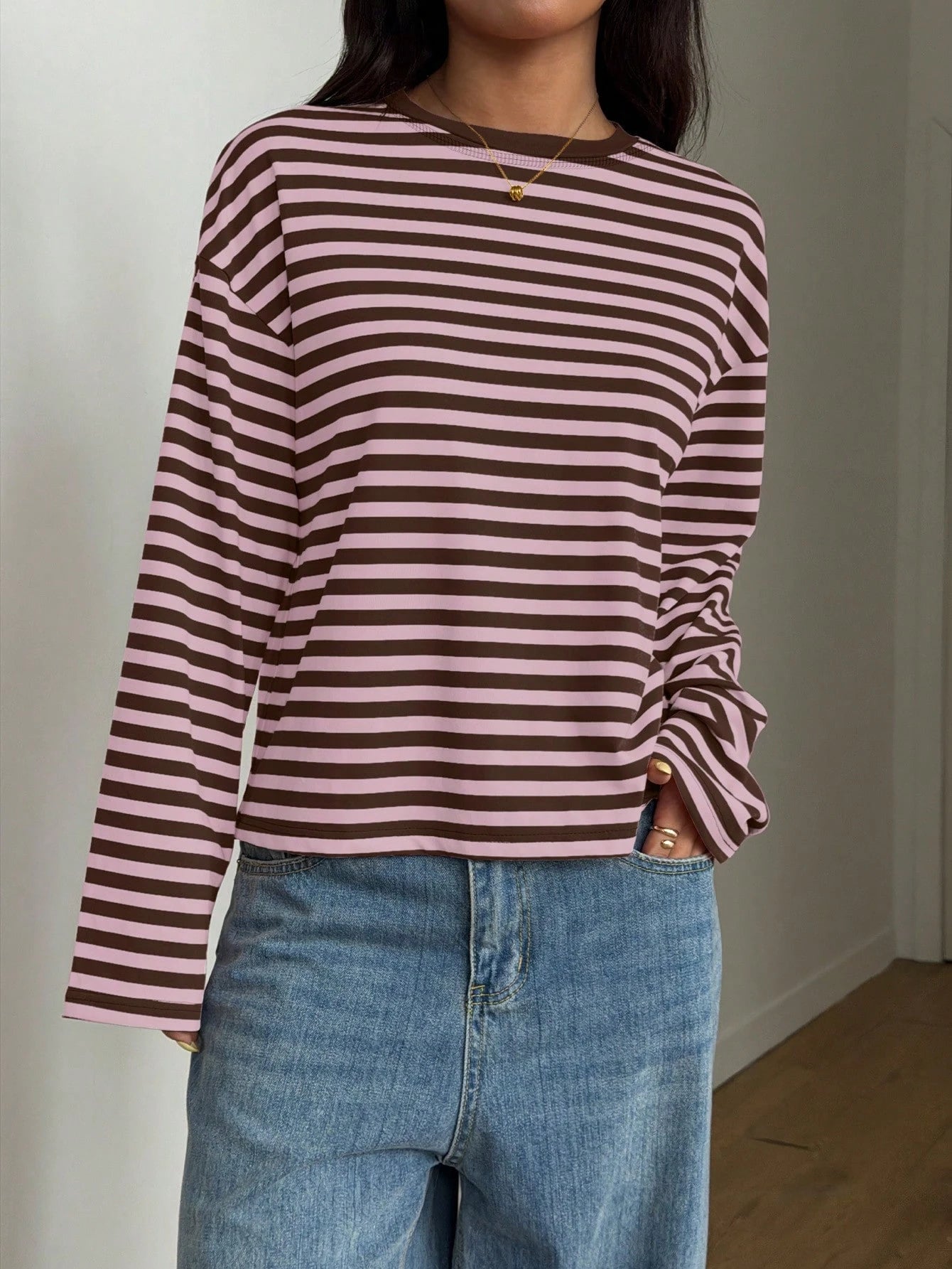 Women's Casual Top, Striped Contrast Ribbed Knit, Everyday Wear, Spring/Autumn