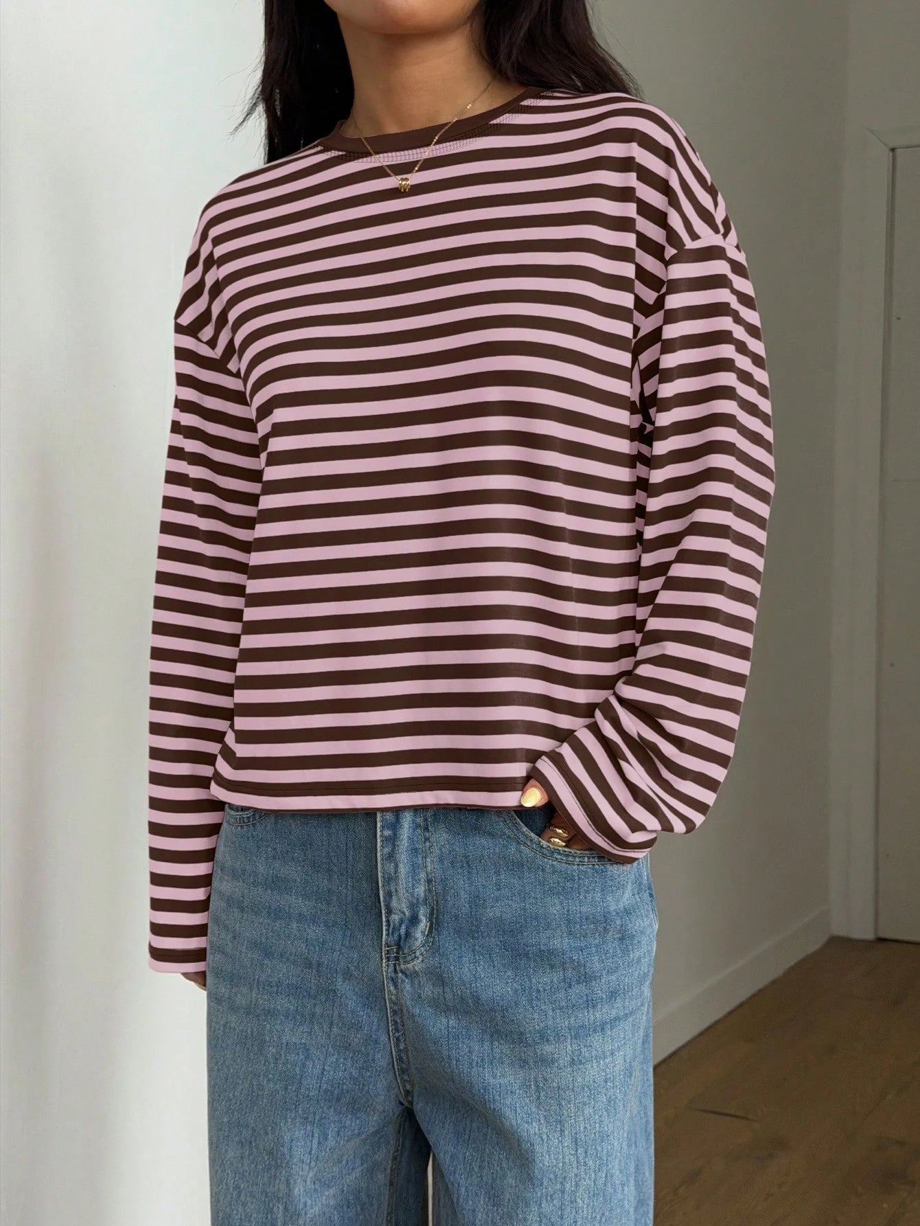 Women's Casual Top, Striped Contrast Ribbed Knit, Everyday Wear, Spring/Autumn
