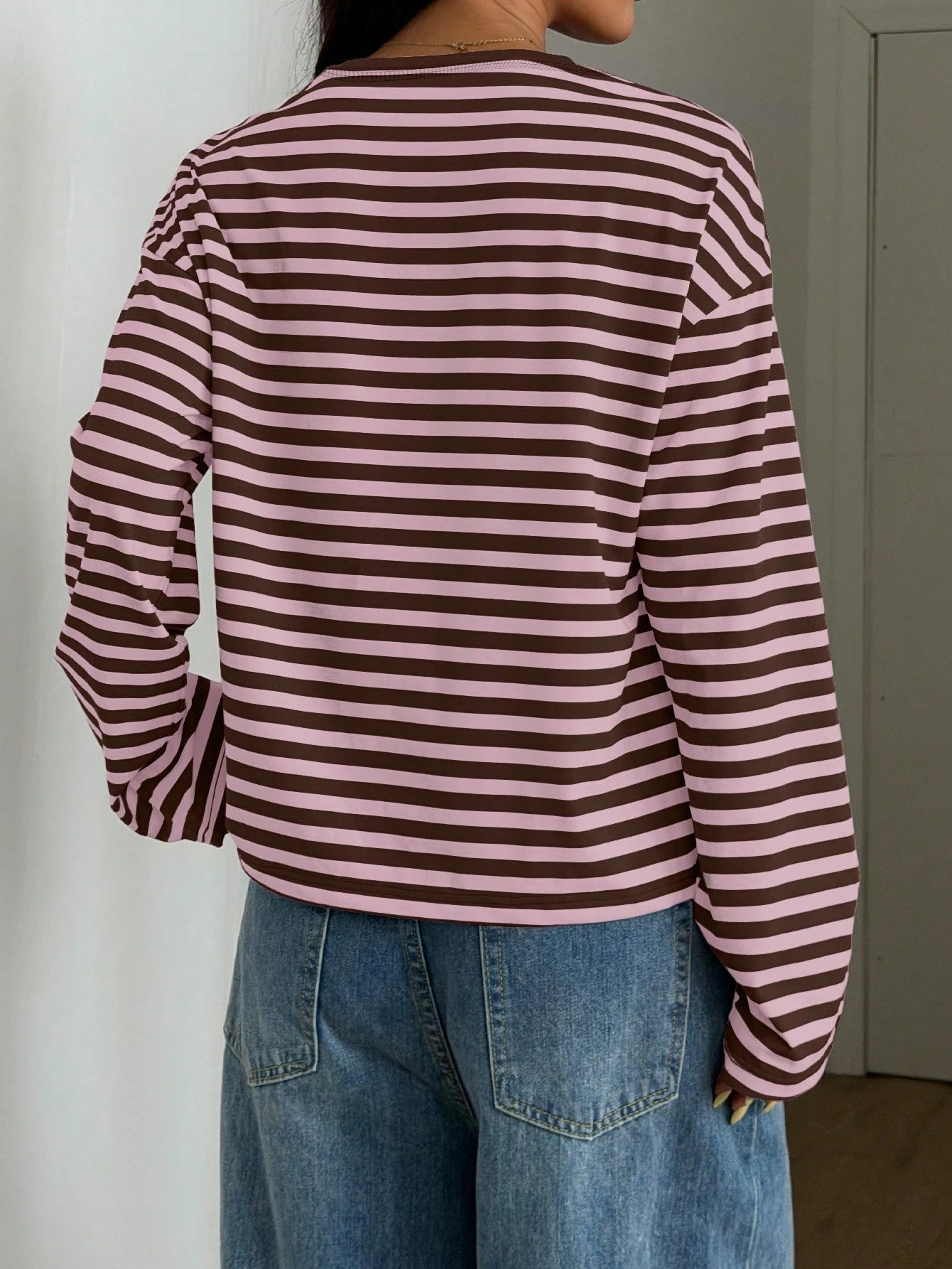 Women's Casual Top, Striped Contrast Ribbed Knit, Everyday Wear, Spring/Autumn