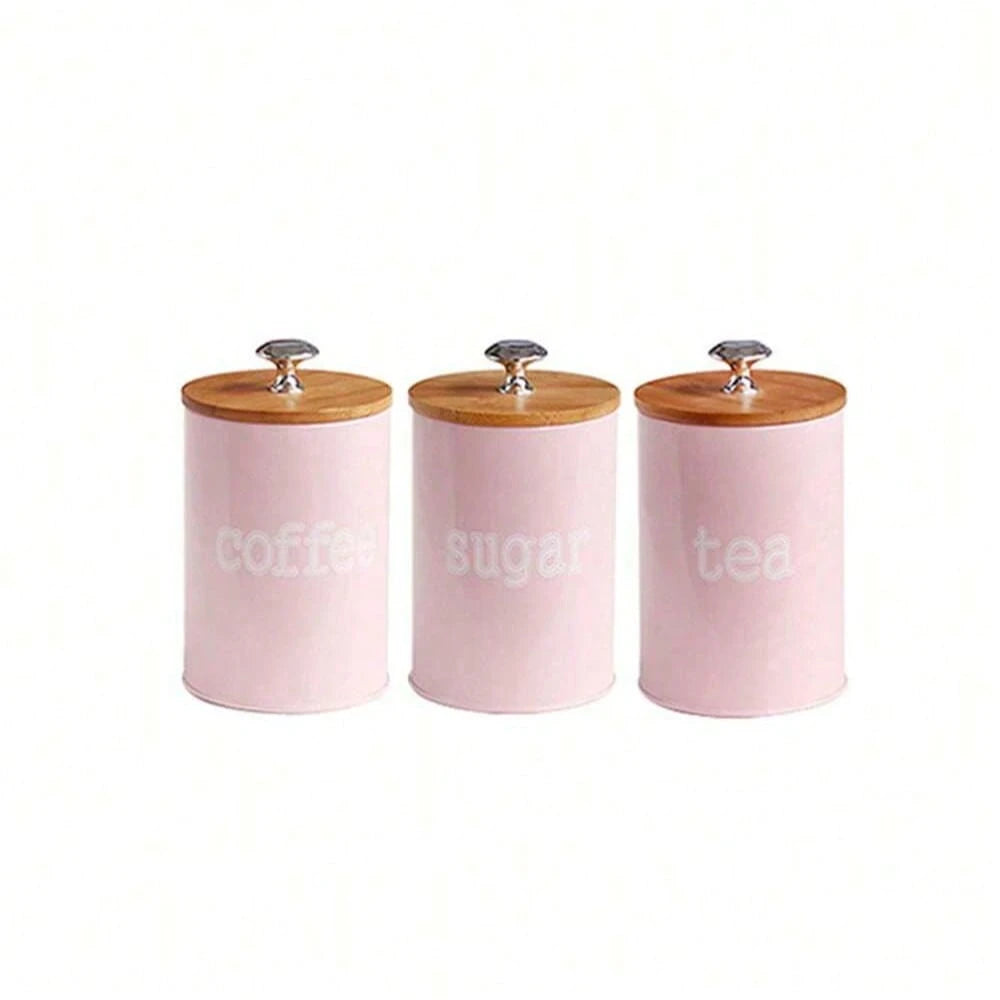 3pcs/Set Storage Tanks Dust-Proof Bamboo Cover Utensils Multifunction Box Tea Coffee Sugar Box Case Househould Can Bottle Mason Candle Jars With Lid Pink Tea Accessories Coffee Accessories Kitchen Stuff