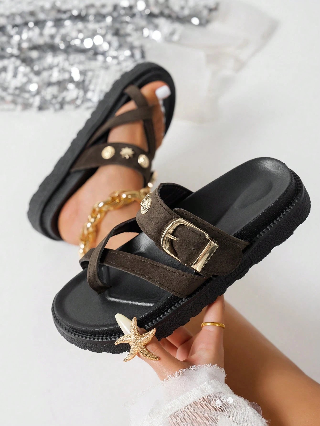 New Fashion Metal Buckle Decor Slip-On Wedge Heel Sandals