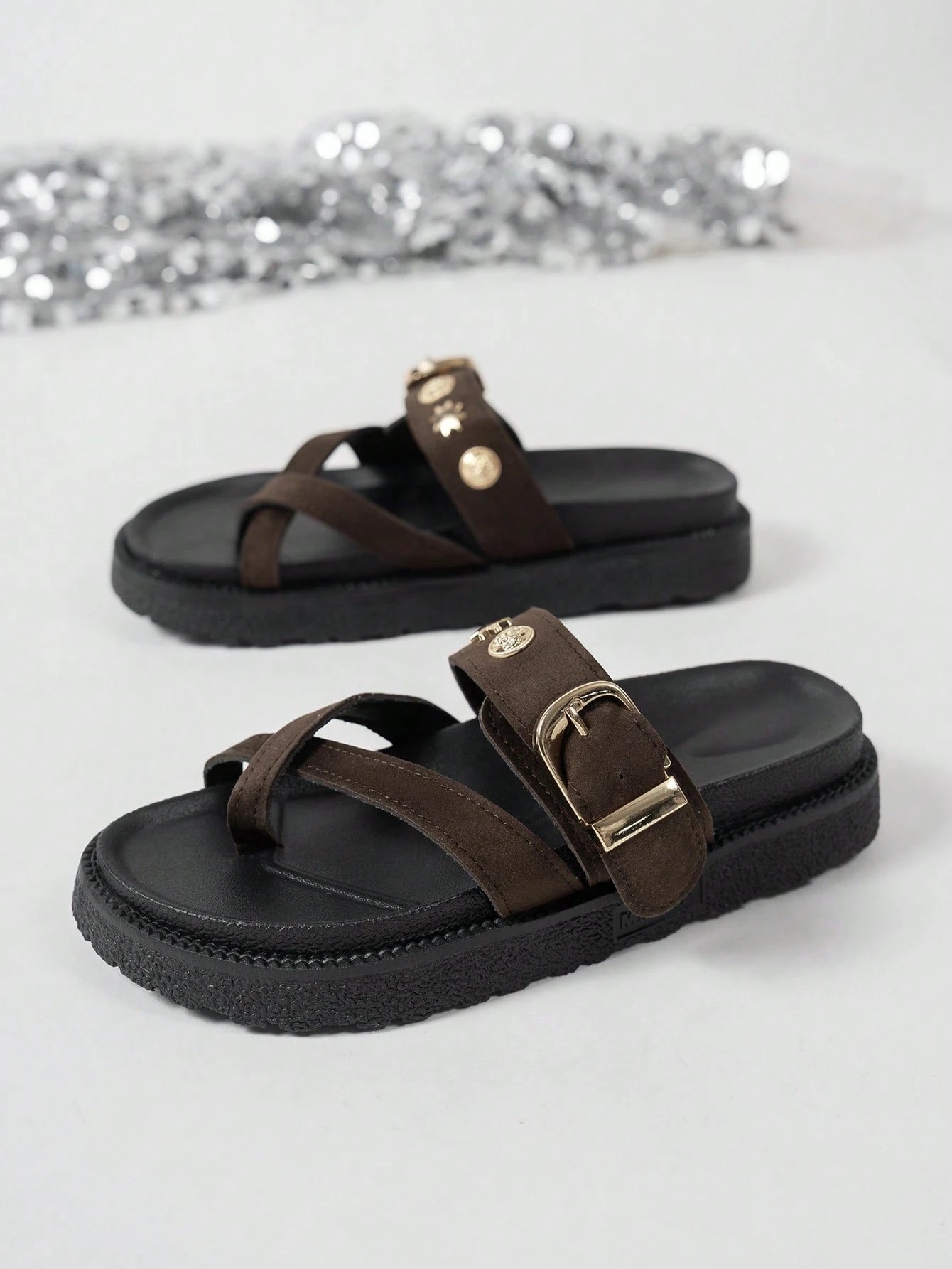 New Fashion Metal Buckle Decor Slip-On Wedge Heel Sandals