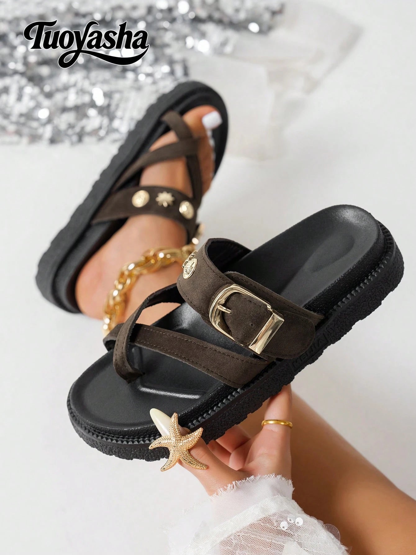 New Fashion Metal Buckle Decor Slip-On Wedge Heel Sandals