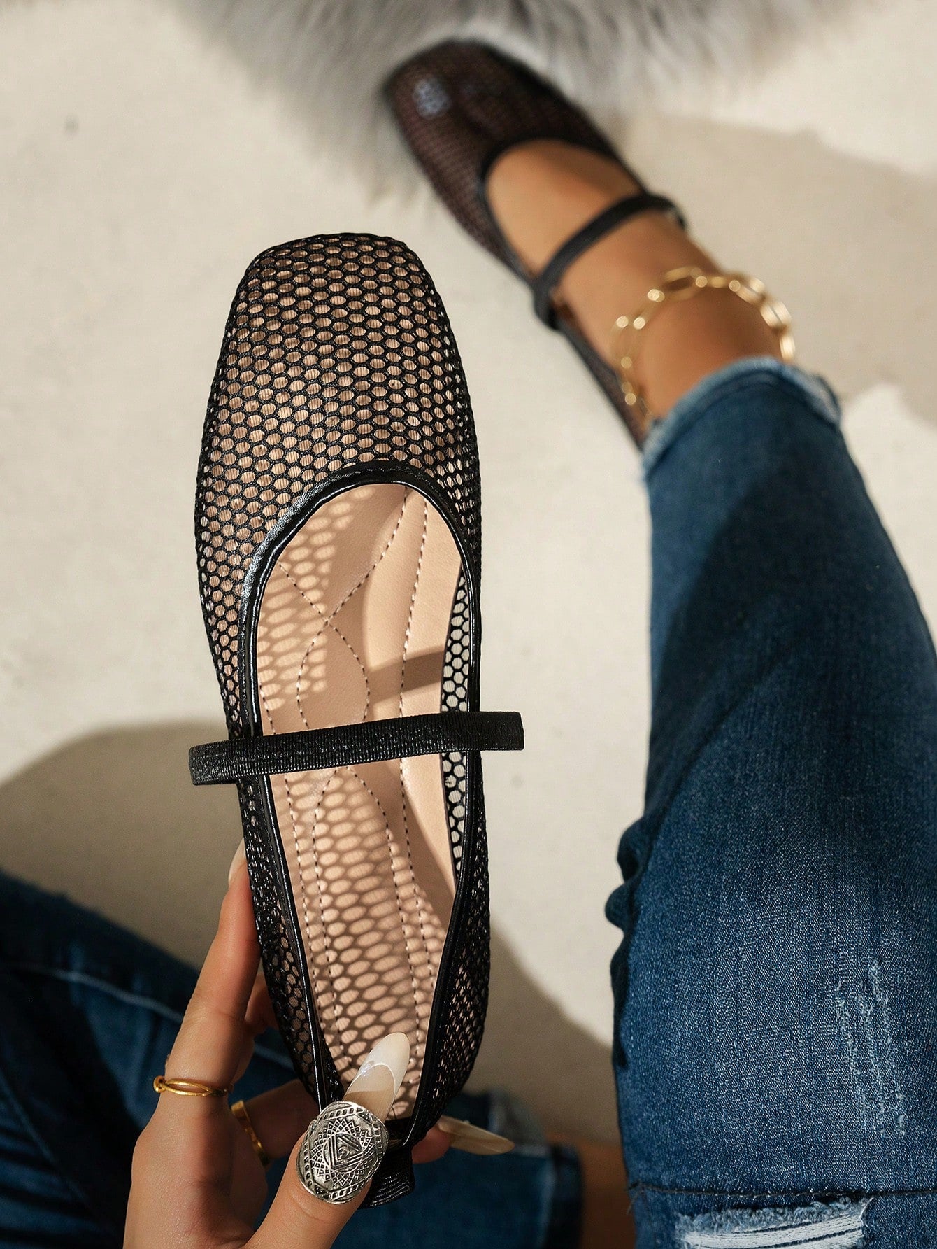 Summer Lace Mesh Hollow Flat Shoes, Women Breathable Elastic Band Ballet Shoes