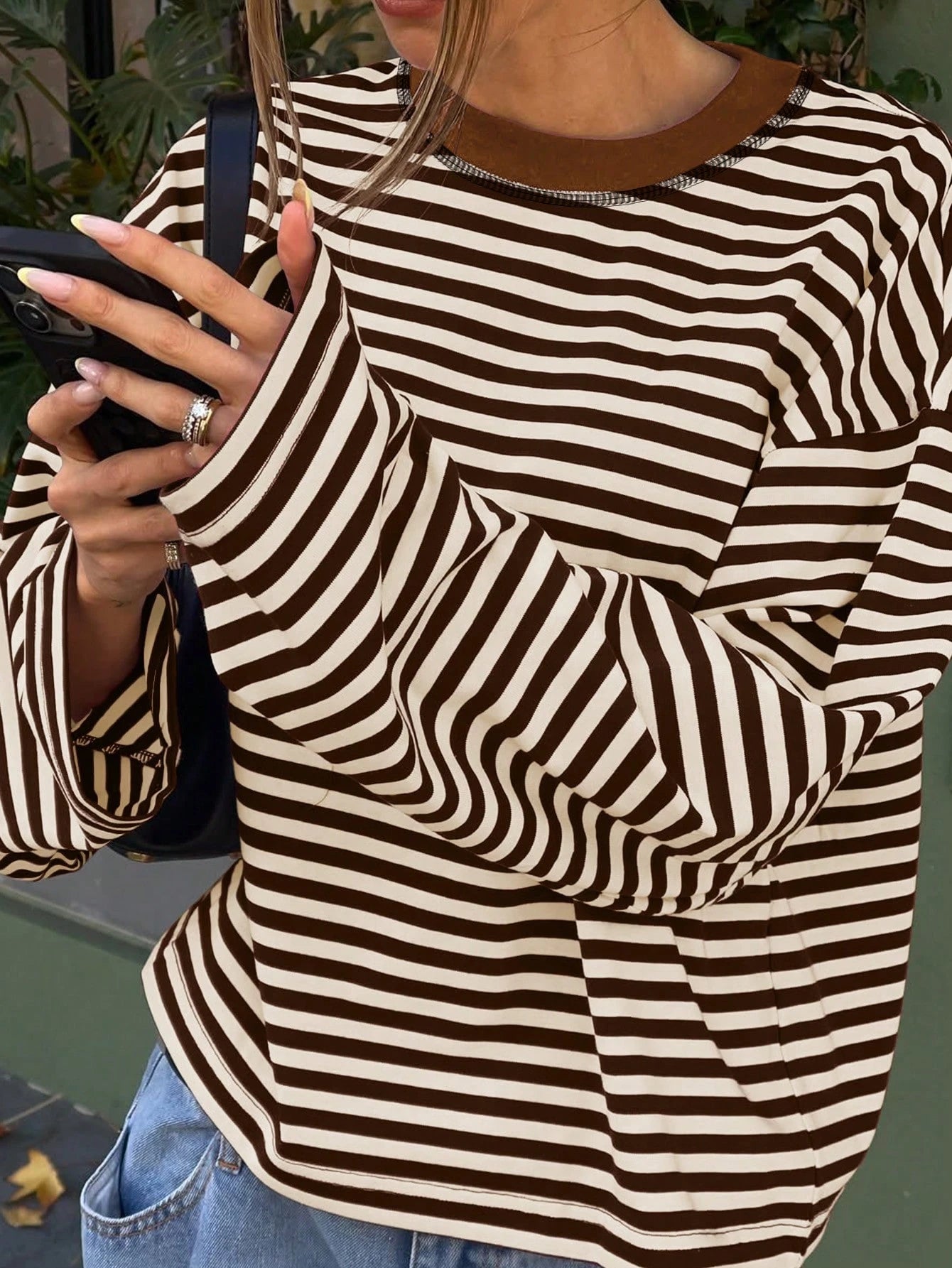 Women's Casual Top, Striped Contrast Ribbed Knit, Everyday Wear, Spring/Autumn