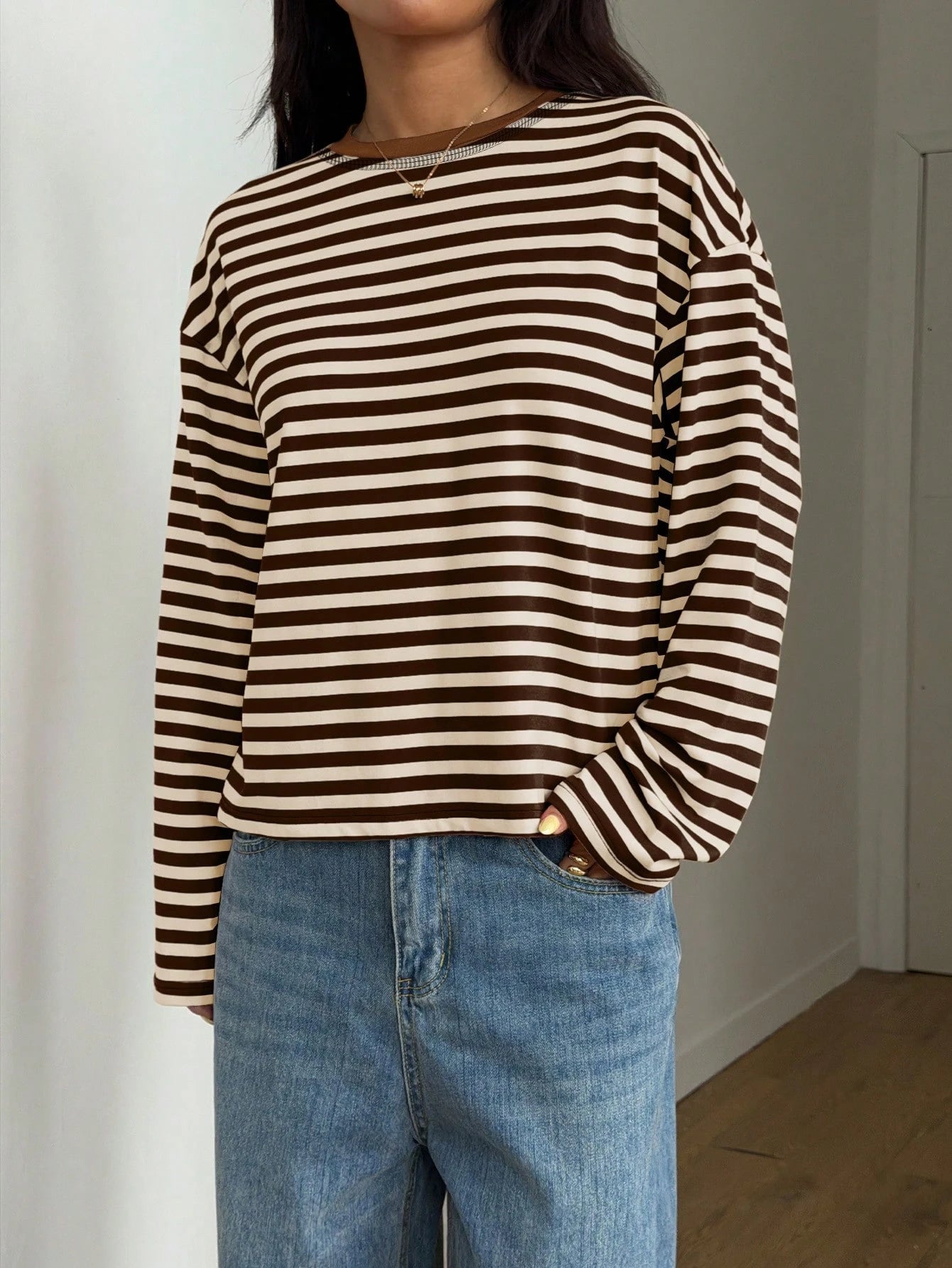 Women's Casual Top, Striped Contrast Ribbed Knit, Everyday Wear, Spring/Autumn
