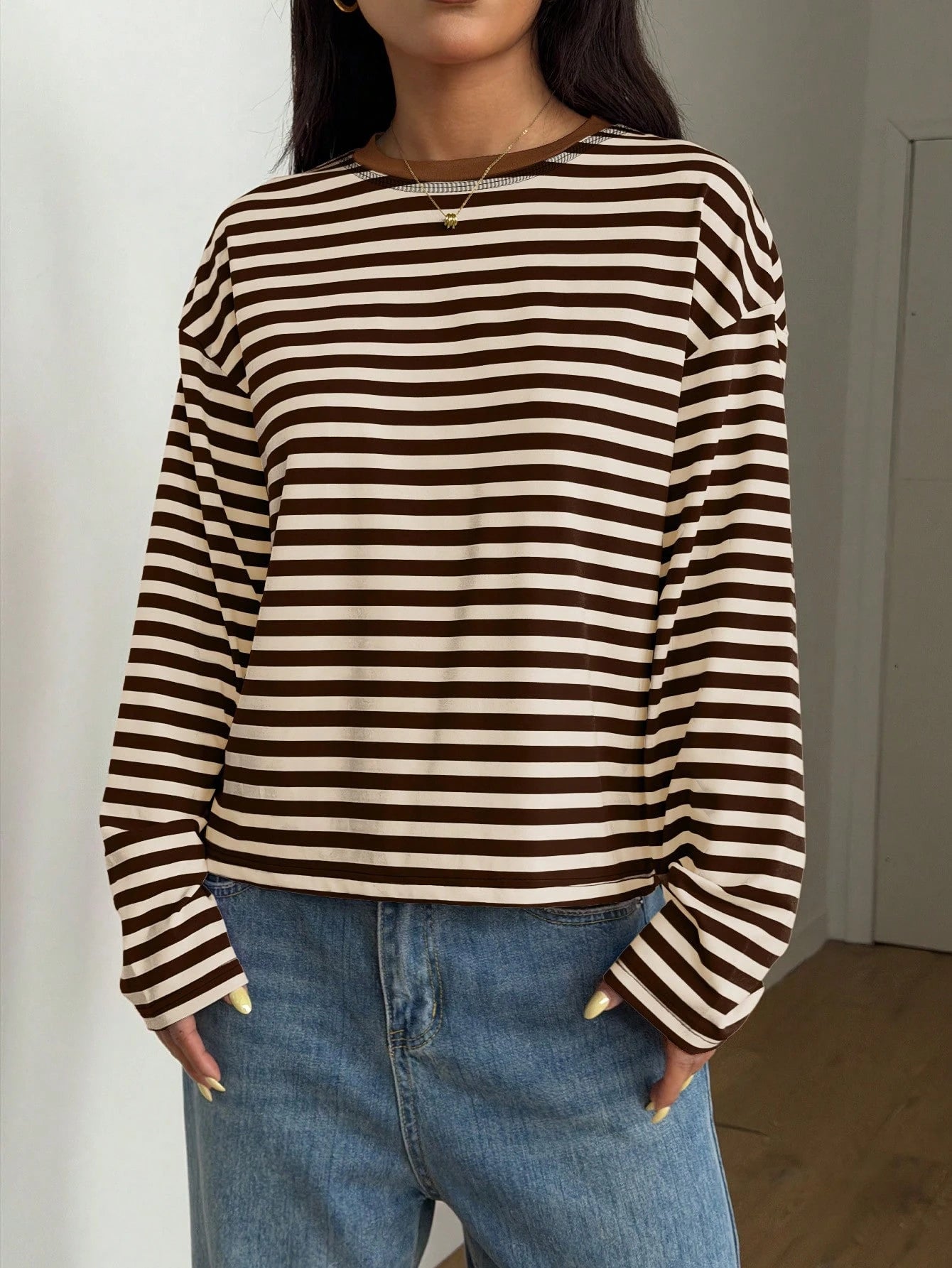 Women's Casual Top, Striped Contrast Ribbed Knit, Everyday Wear, Spring/Autumn