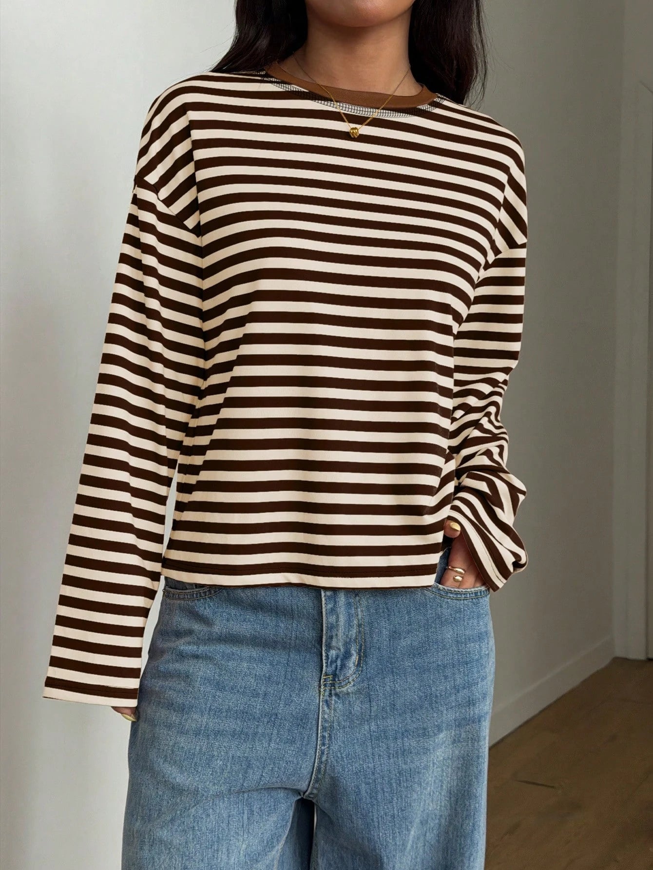 Women's Casual Top, Striped Contrast Ribbed Knit, Everyday Wear, Spring/Autumn