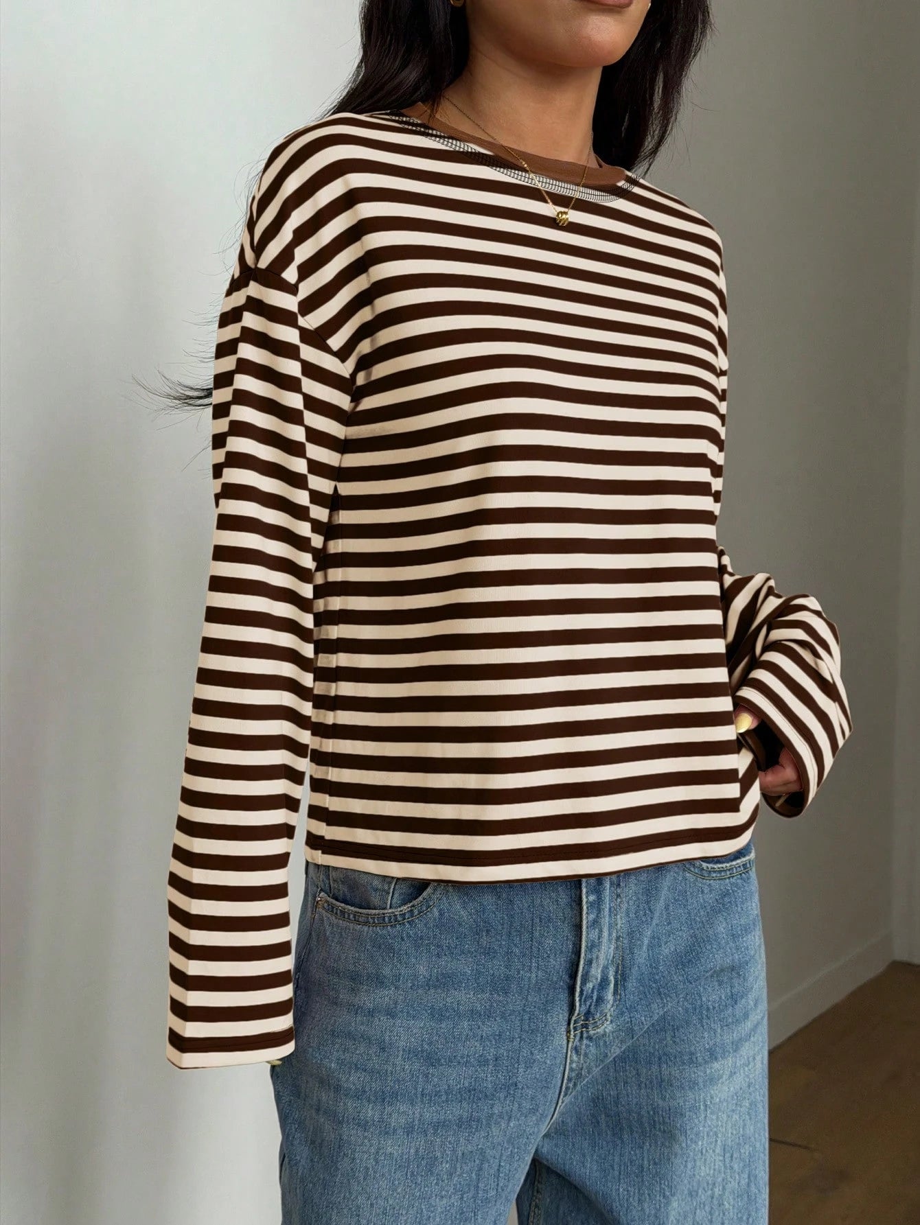 Women's Casual Top, Striped Contrast Ribbed Knit, Everyday Wear, Spring/Autumn