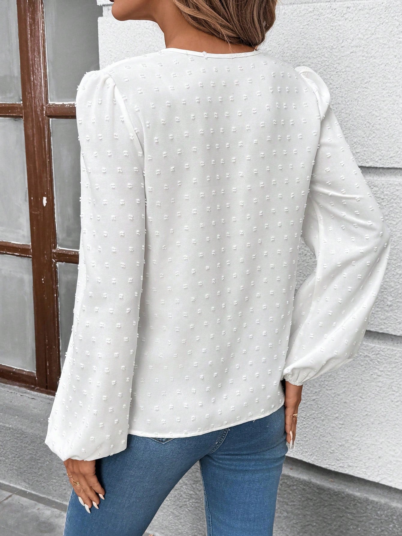 SHEIN LUNE Women Casual/Office Round Neck V-Notch Faux Placket Puff Sleeve Floral Print Long Sleeve Blouse