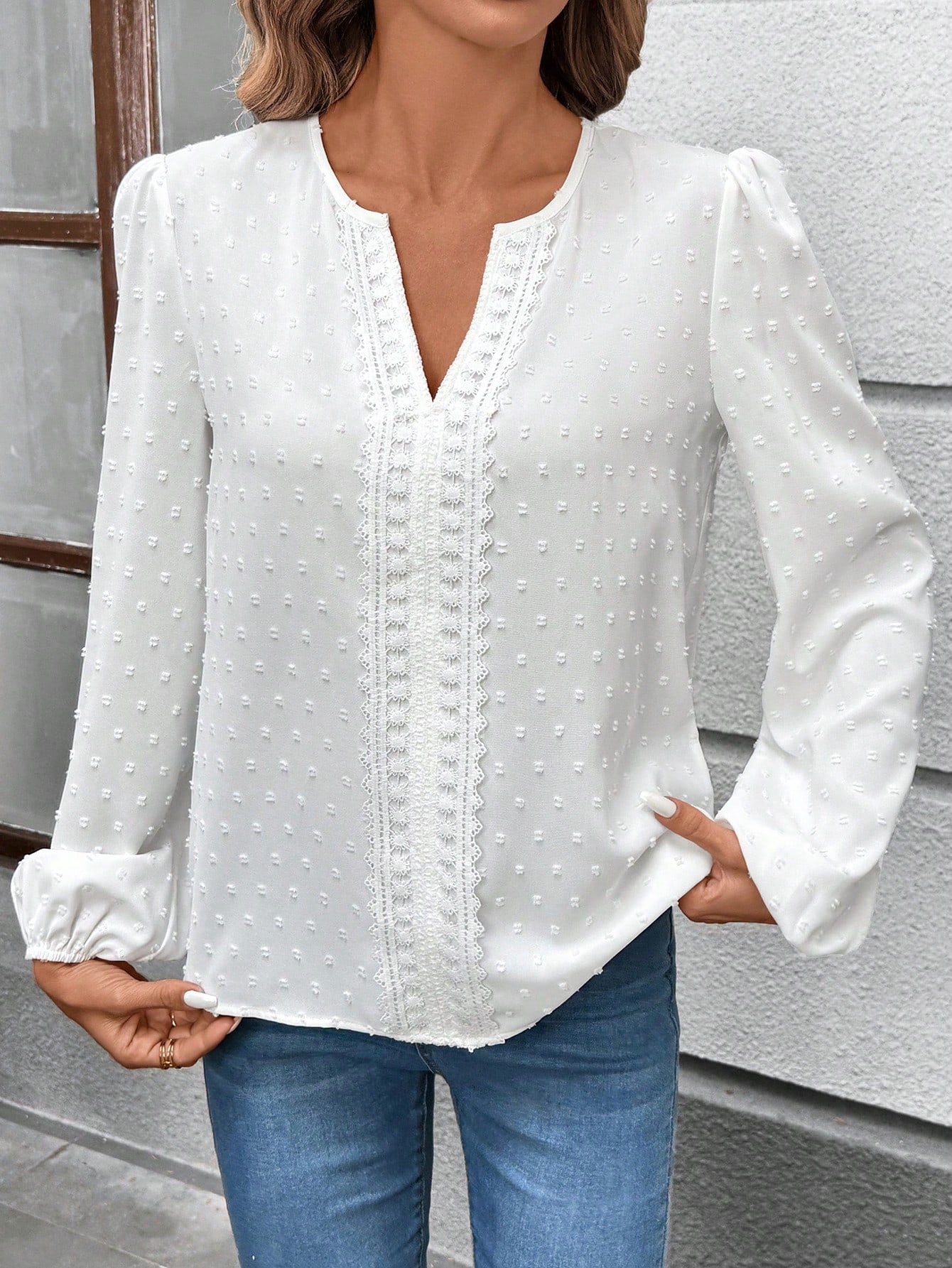 SHEIN LUNE Women Casual/Office Round Neck V-Notch Faux Placket Puff Sleeve Floral Print Long Sleeve Blouse