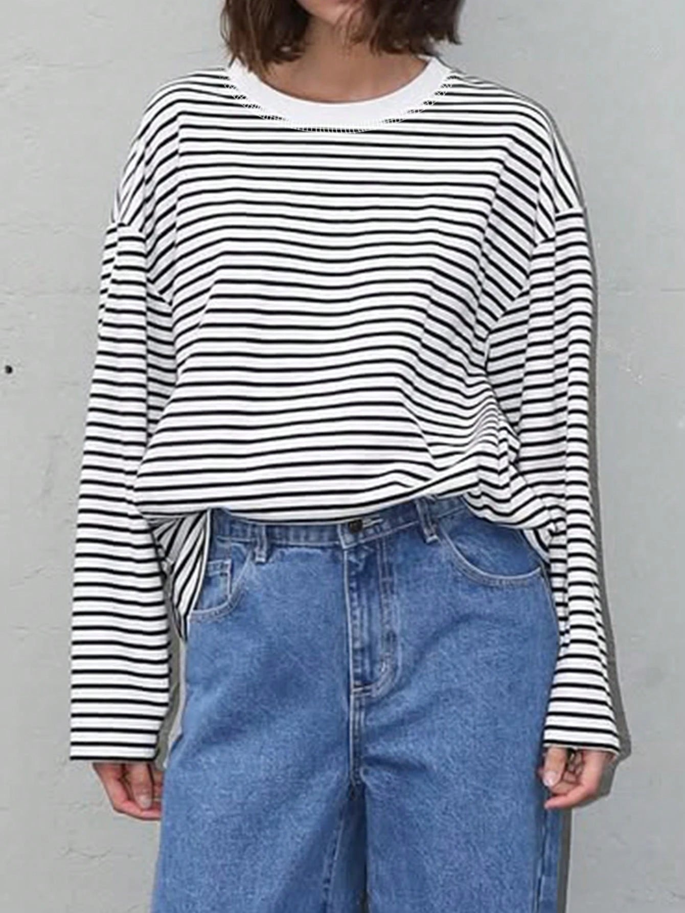 Women's Casual Top, Striped Contrast Ribbed Knit, Everyday Wear, Spring/Autumn