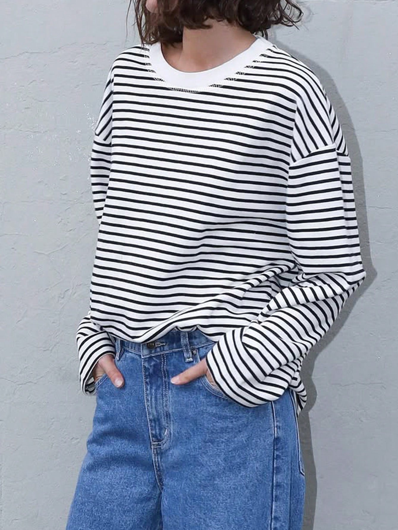 Women's Casual Top, Striped Contrast Ribbed Knit, Everyday Wear, Spring/Autumn