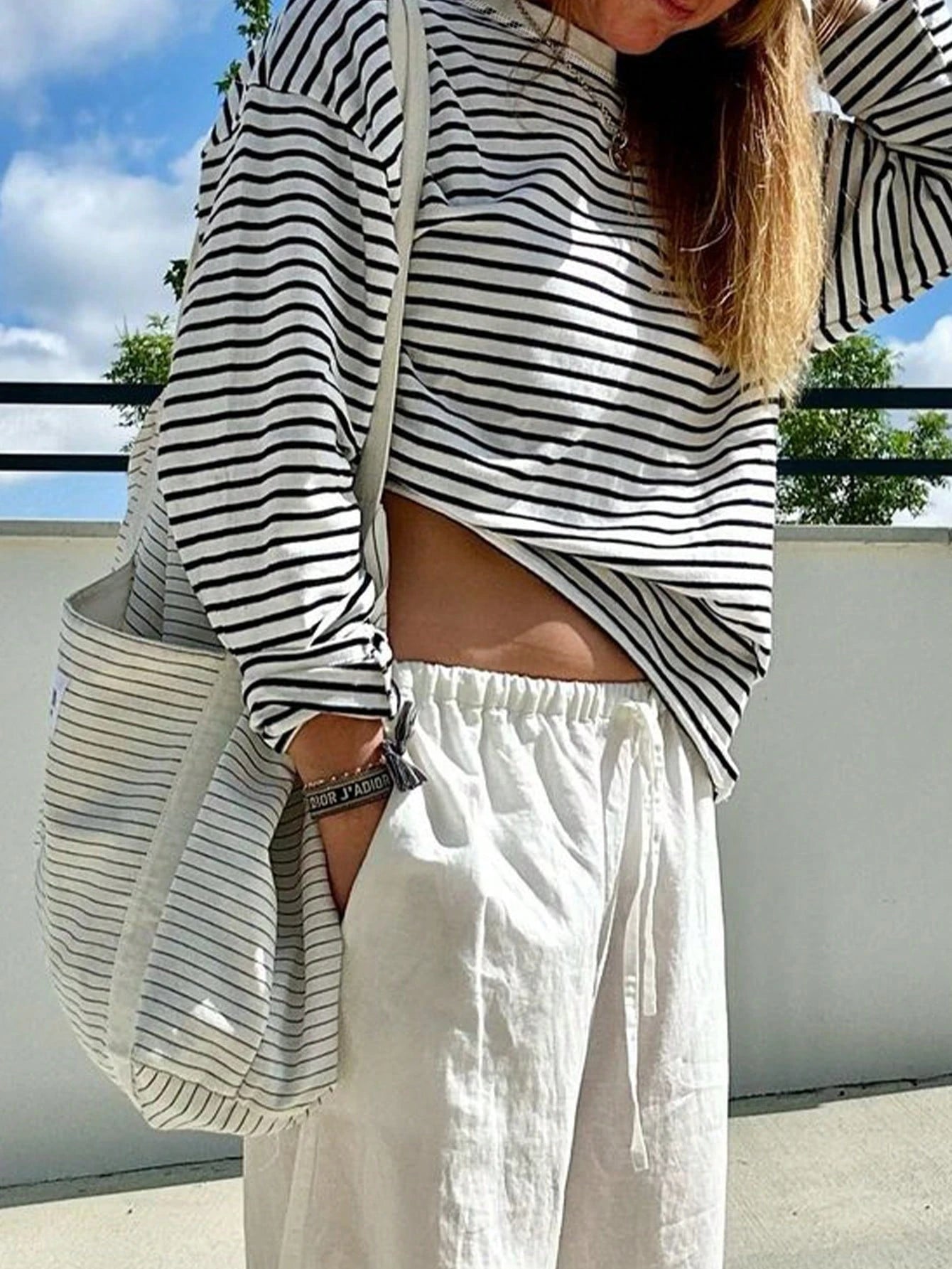 Women's Casual Top, Striped Contrast Ribbed Knit, Everyday Wear, Spring/Autumn