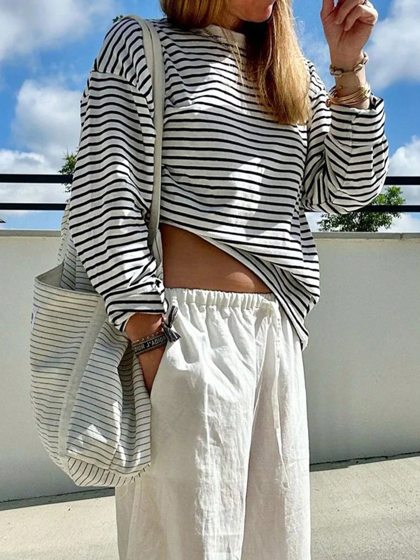 Women's Casual Top, Striped Contrast Ribbed Knit, Everyday Wear, Spring/Autumn