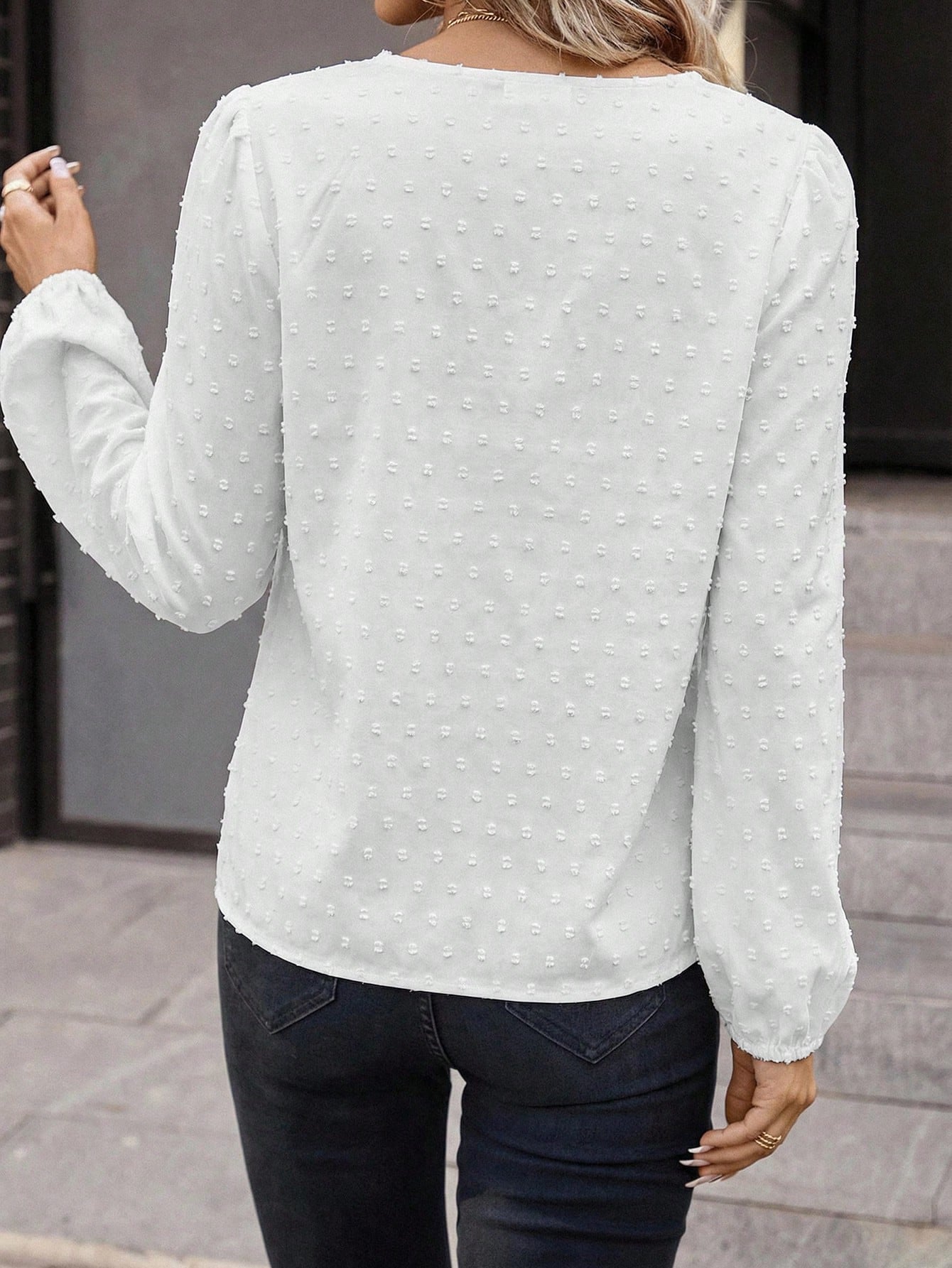 SHEIN LUNE Women Casual/Office Round Neck V-Notch Faux Placket Puff Sleeve Floral Print Long Sleeve Blouse