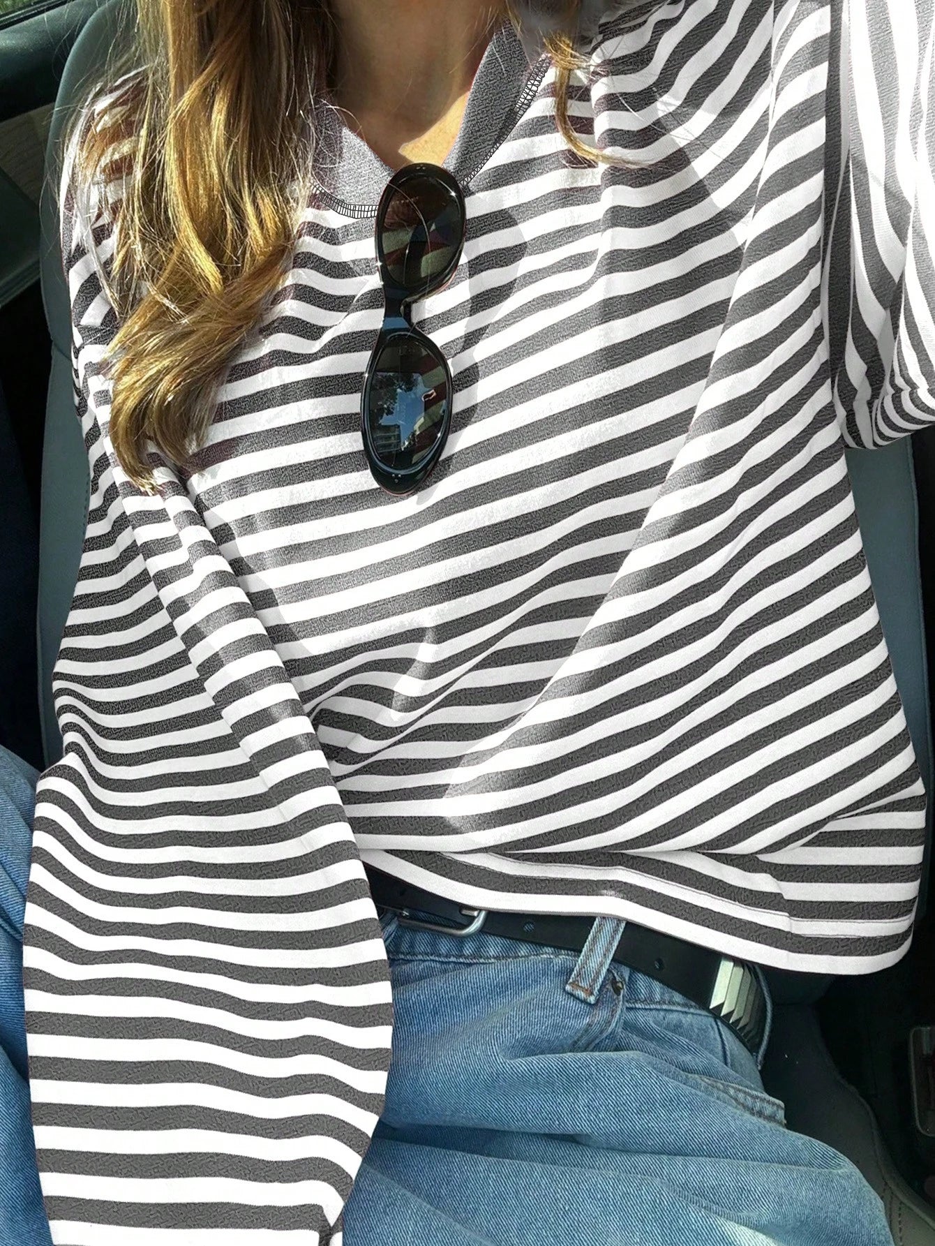 Women's Casual Top, Striped Contrast Ribbed Knit, Everyday Wear, Spring/Autumn