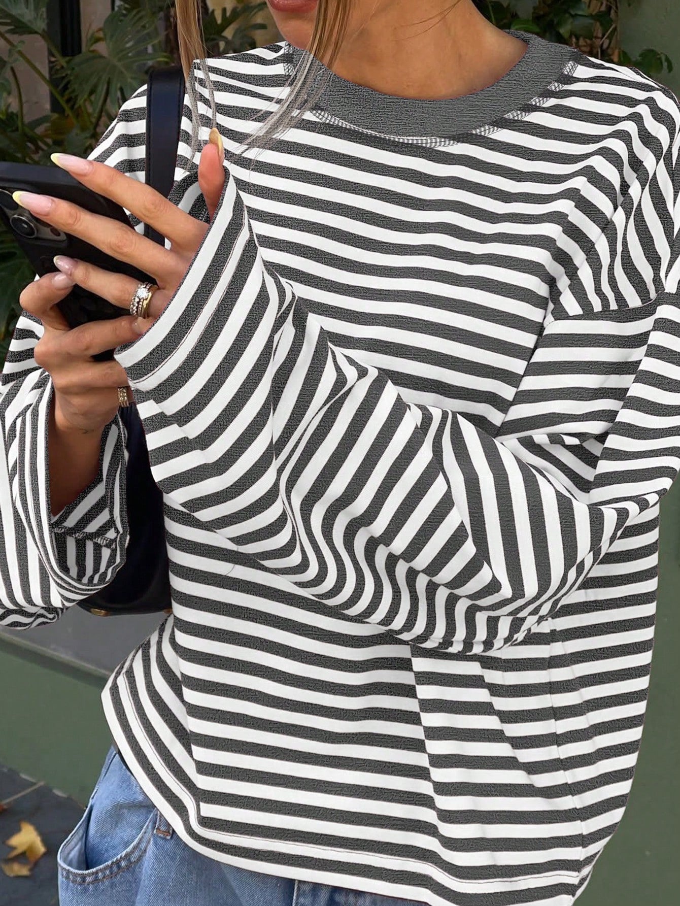 Women's Casual Top, Striped Contrast Ribbed Knit, Everyday Wear, Spring/Autumn
