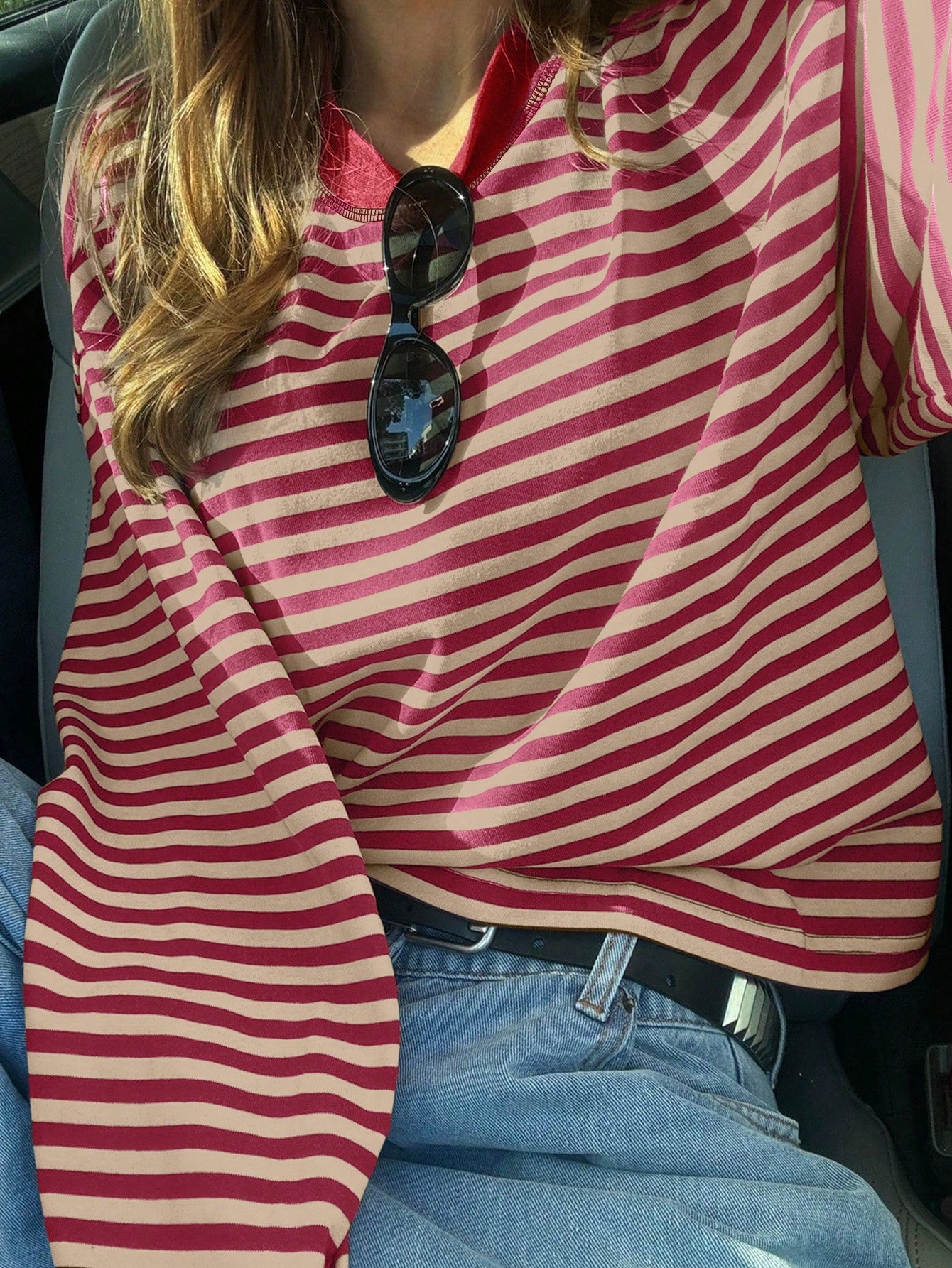 Women's Casual Top, Striped Contrast Ribbed Knit, Everyday Wear, Spring/Autumn