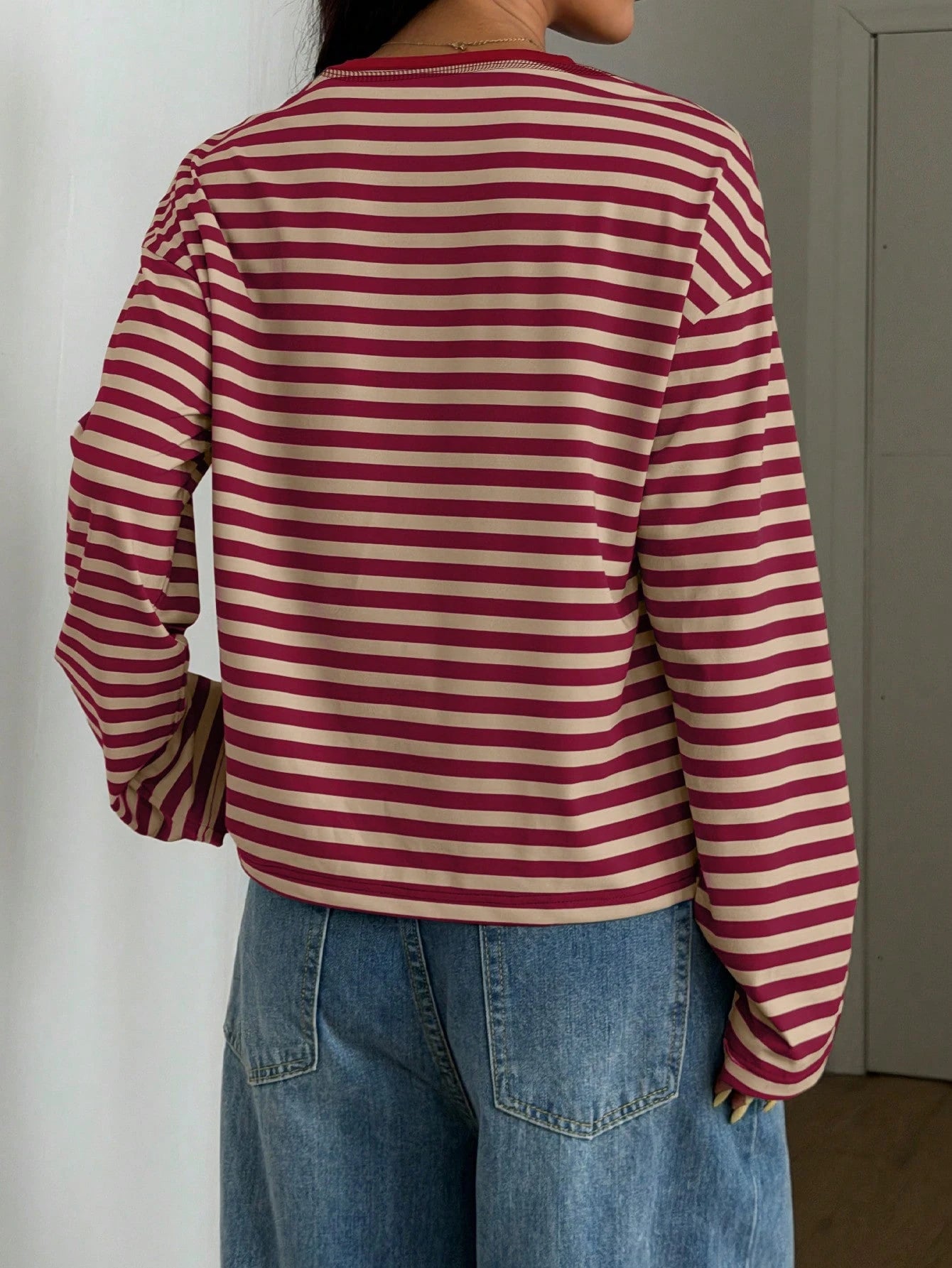 Women's Casual Top, Striped Contrast Ribbed Knit, Everyday Wear, Spring/Autumn