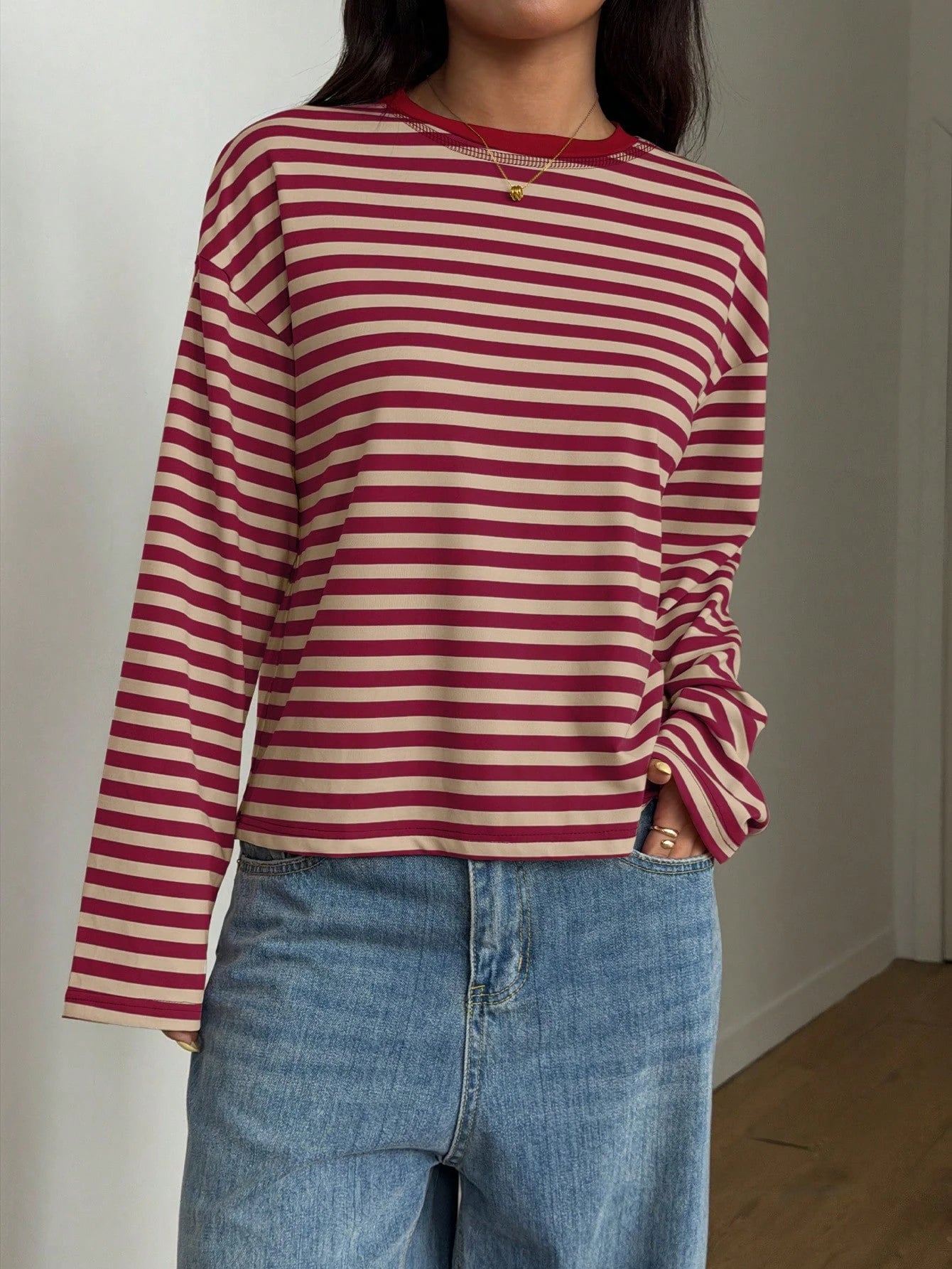 Women's Casual Top, Striped Contrast Ribbed Knit, Everyday Wear, Spring/Autumn