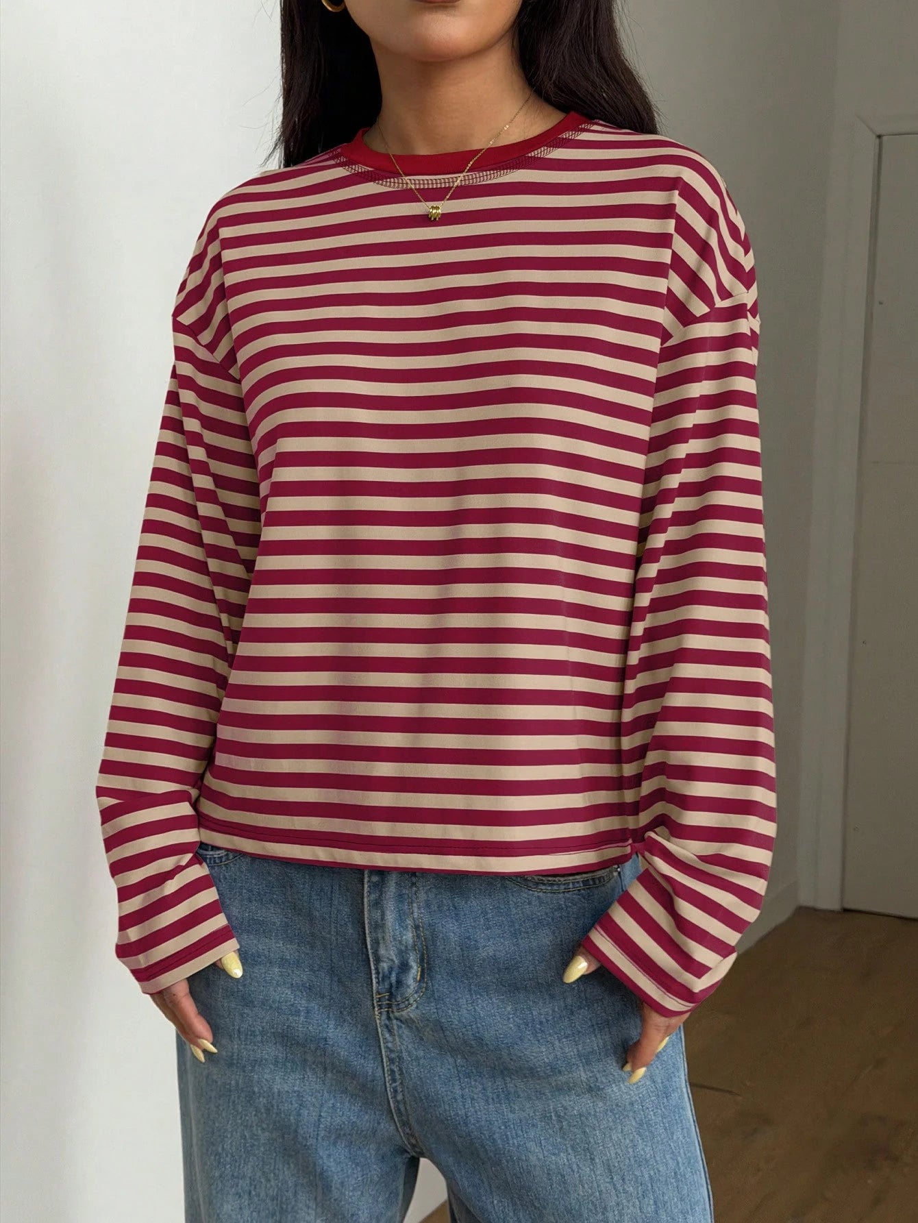 Women's Casual Top, Striped Contrast Ribbed Knit, Everyday Wear, Spring/Autumn