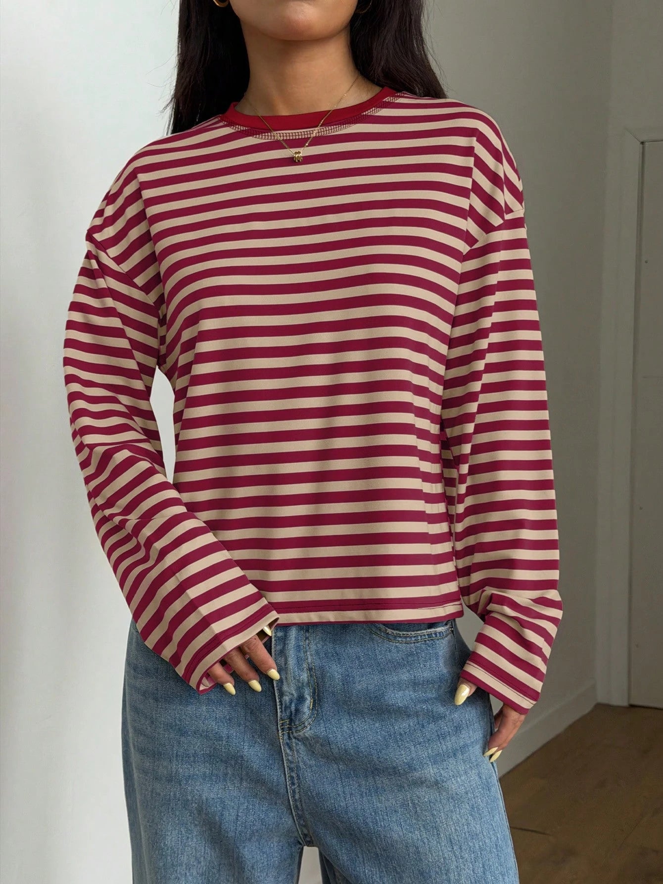 Women's Casual Top, Striped Contrast Ribbed Knit, Everyday Wear, Spring/Autumn