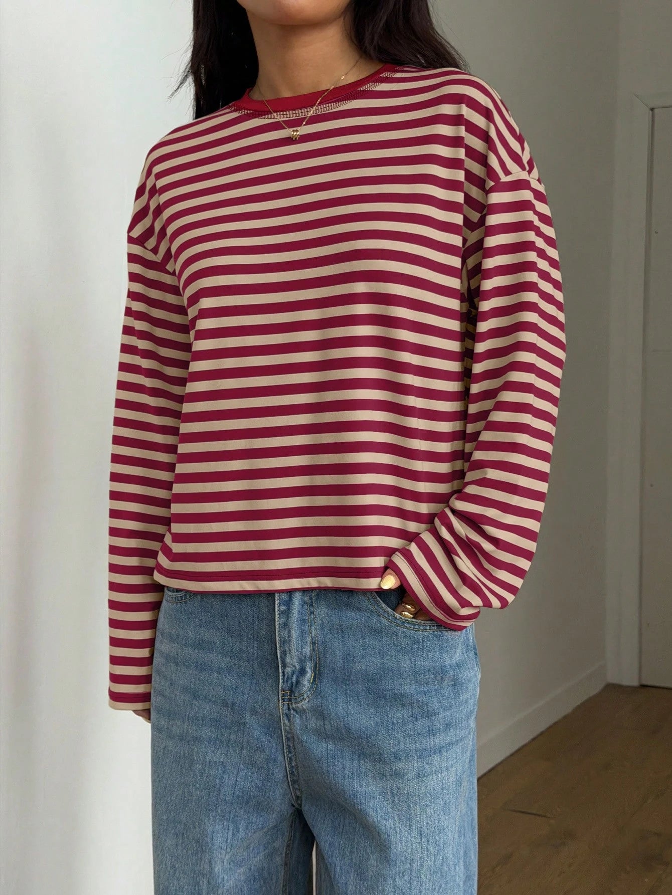 Women's Casual Top, Striped Contrast Ribbed Knit, Everyday Wear, Spring/Autumn