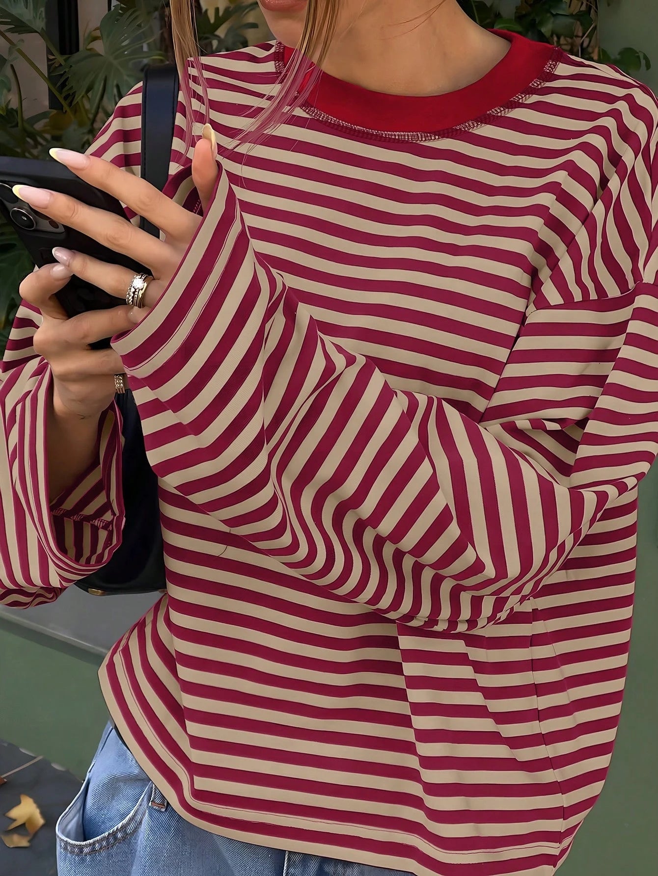 Women's Casual Top, Striped Contrast Ribbed Knit, Everyday Wear, Spring/Autumn