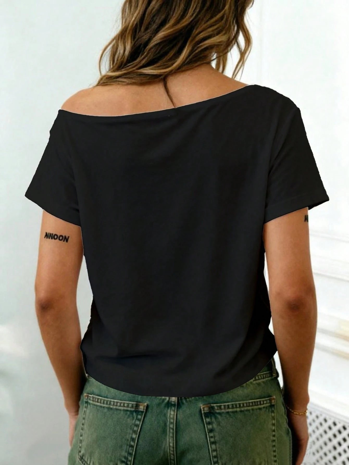Rovax Fitted Short Solid Color Asymmetric Collar Summer Short Sleeve T-Shirt