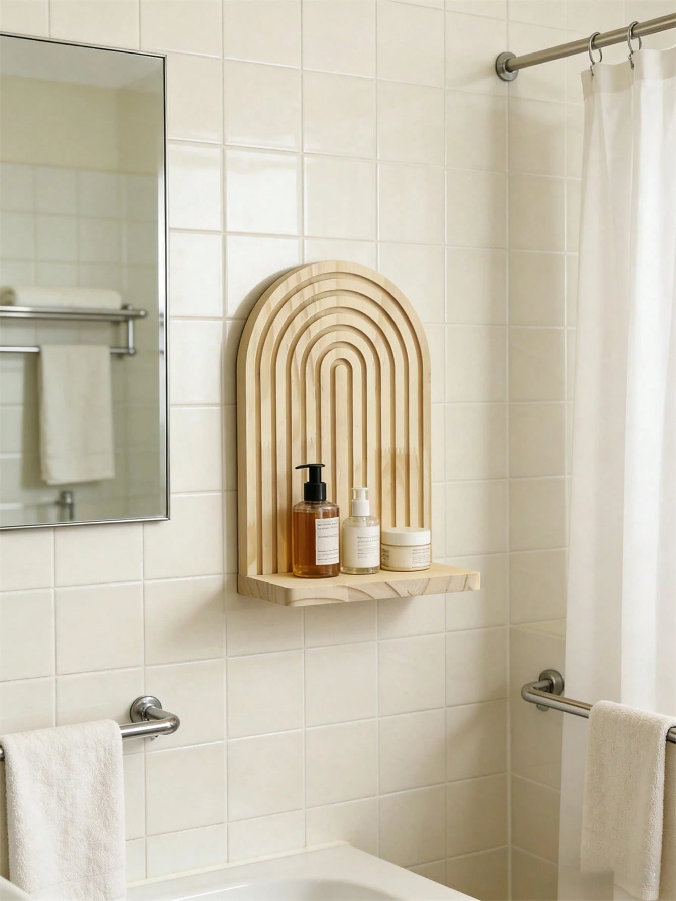 OBOVAY 1Pc Bohemian Style Wave Patterned Wooden Wall Frame,Rainbow Arch & Farmhouse Wall Racks