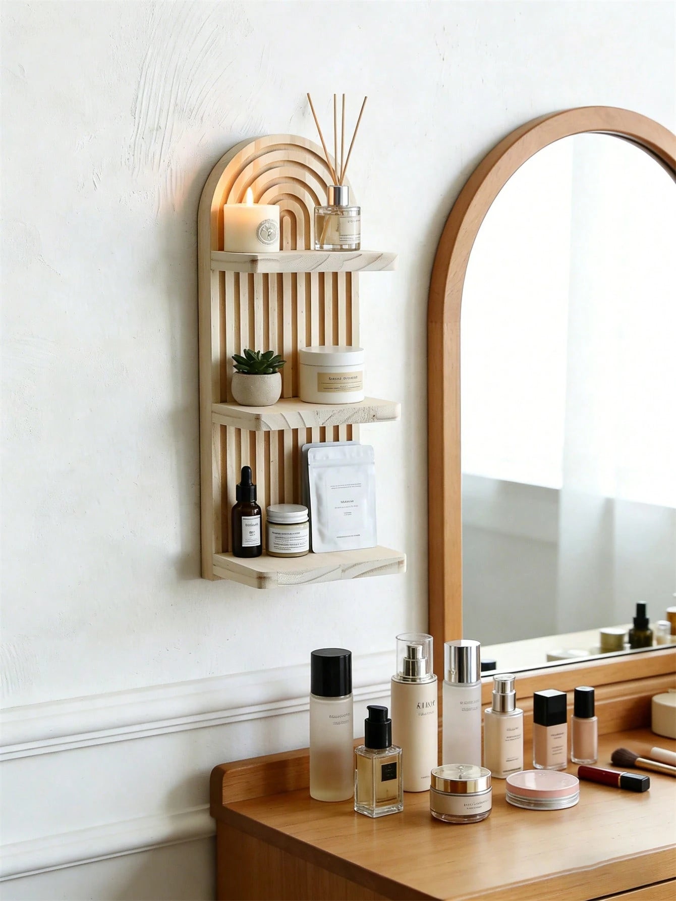 OBOVAY 1Pc Bohemian Style Wave Patterned Wooden Wall Frame,Rainbow Arch & Farmhouse Wall Racks