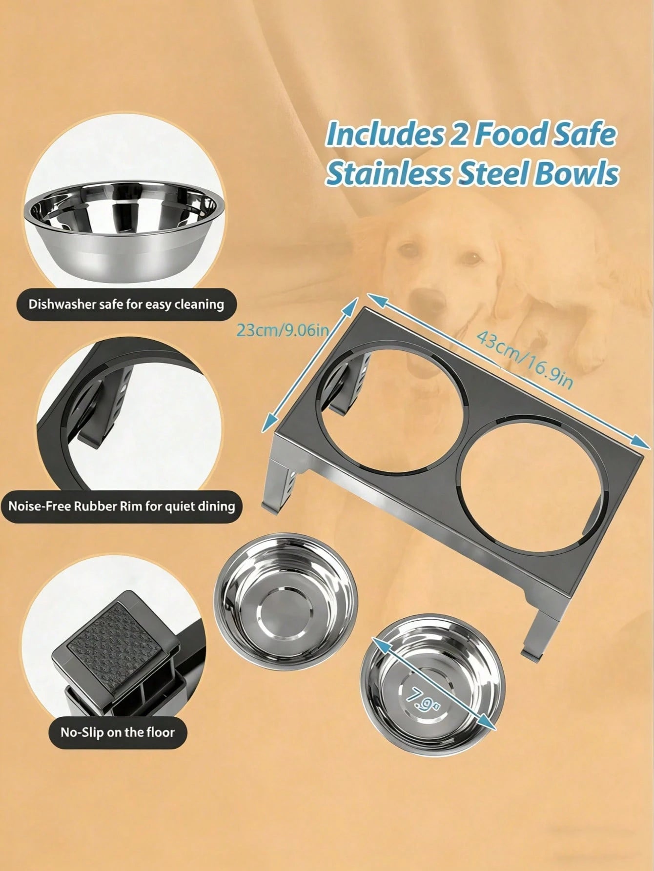 1pc Elevated Dog Feeder, Foldable Design With 4 Adjustable Heights, Includes 2 Stainless Steel Bowls, Non-Slip