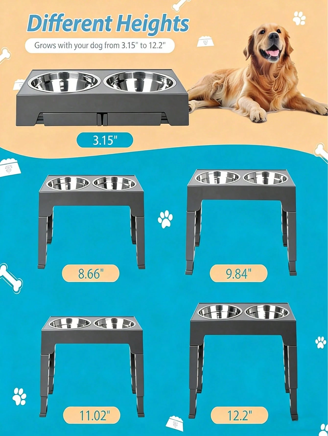 1pc Elevated Dog Feeder, Foldable Design With 4 Adjustable Heights, Includes 2 Stainless Steel Bowls, Non-Slip