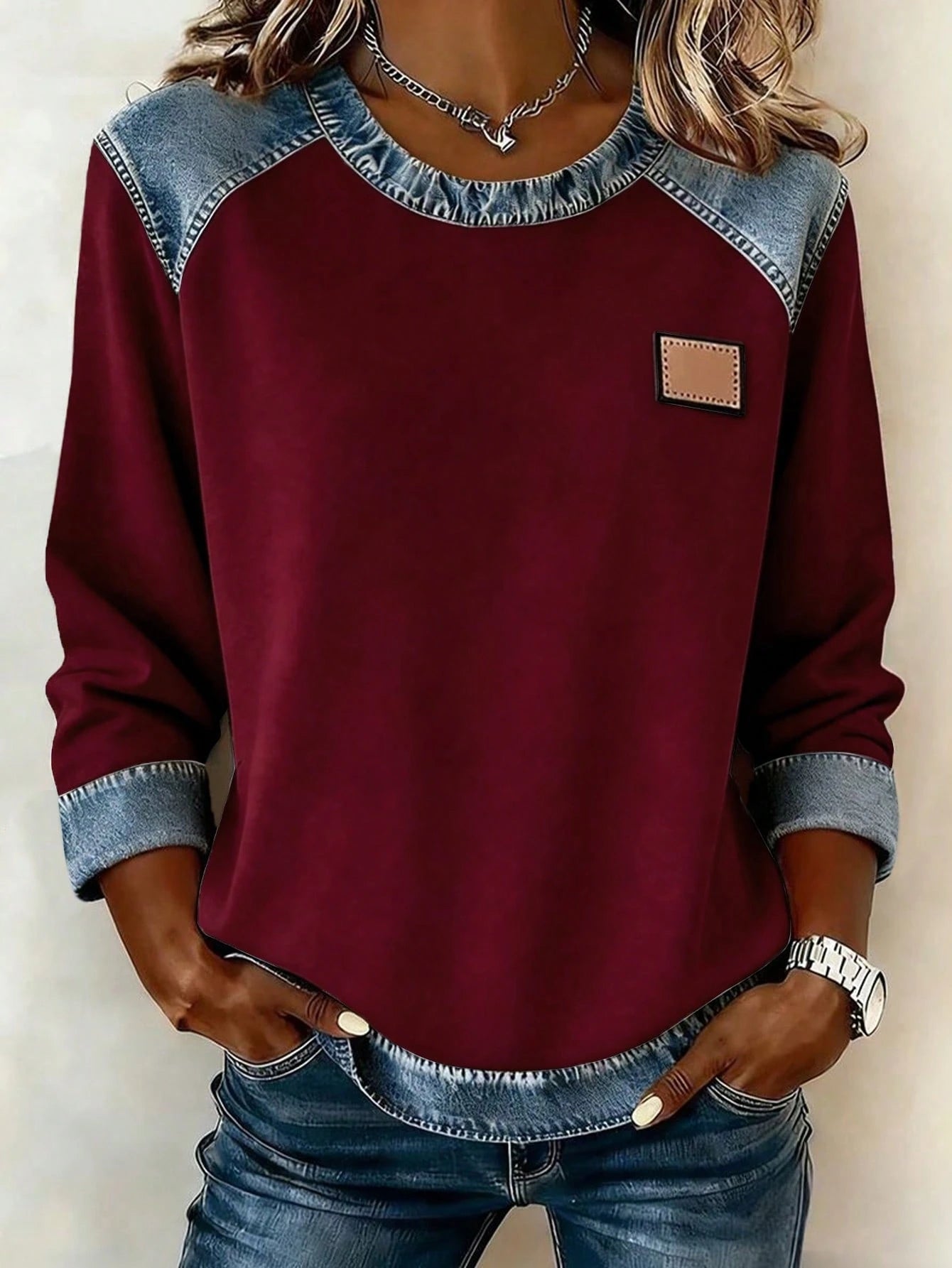 EMERY ROSE Women's Round Neck Color Block Casual Everyday Wear Long Sleeve T-Shirt