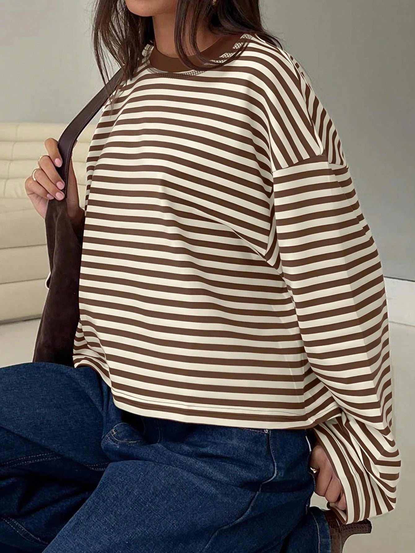 Women's Casual Top, Striped Contrast Ribbed Knit, Everyday Wear, Spring/Autumn