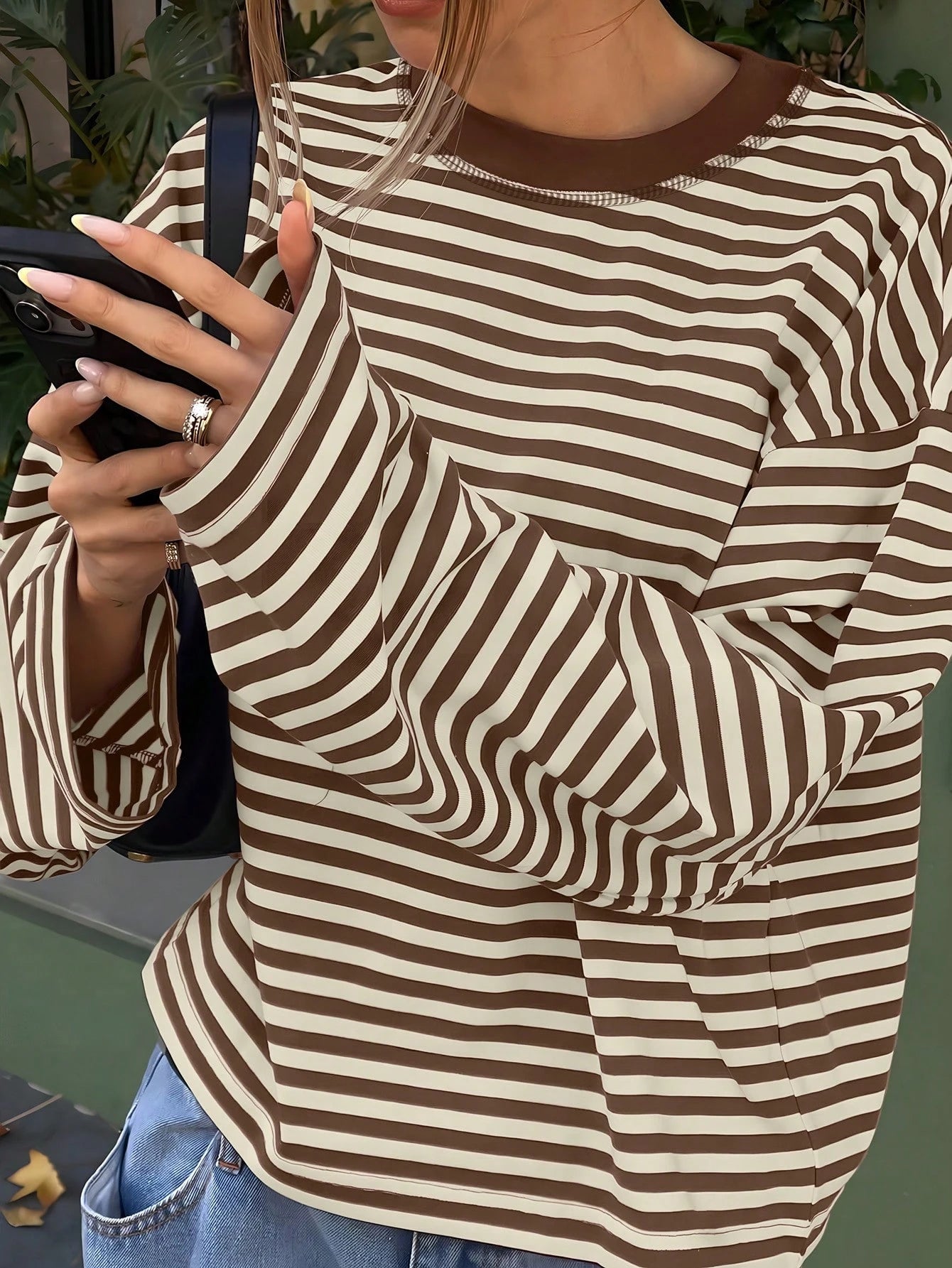 Women's Casual Top, Striped Contrast Ribbed Knit, Everyday Wear, Spring/Autumn