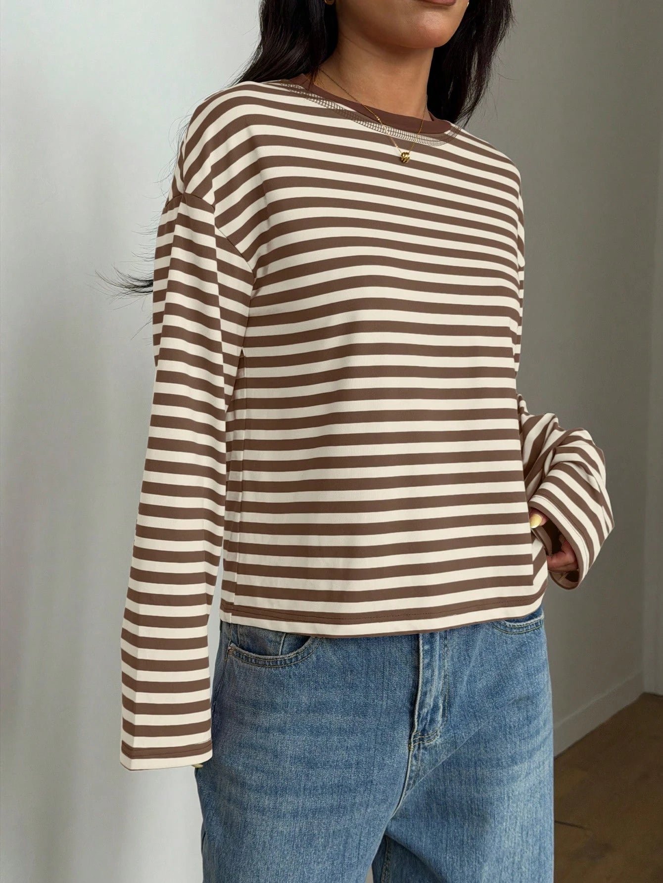 Women's Casual Top, Striped Contrast Ribbed Knit, Everyday Wear, Spring/Autumn