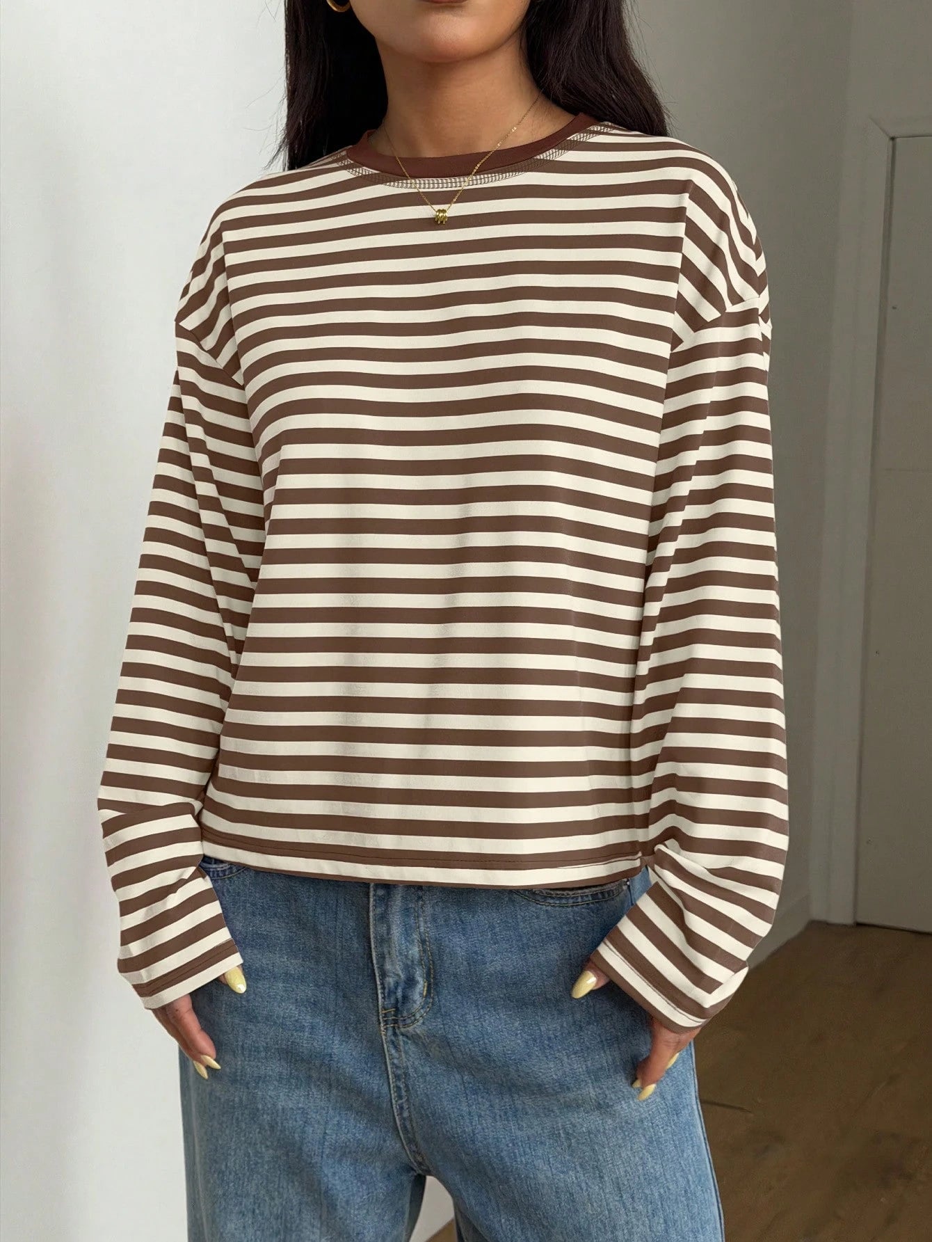 Women's Casual Top, Striped Contrast Ribbed Knit, Everyday Wear, Spring/Autumn