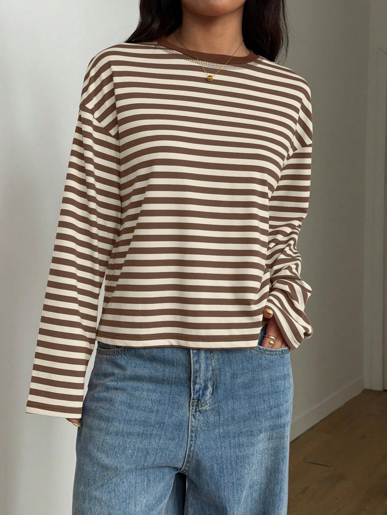 Women's Casual Top, Striped Contrast Ribbed Knit, Everyday Wear, Spring/Autumn