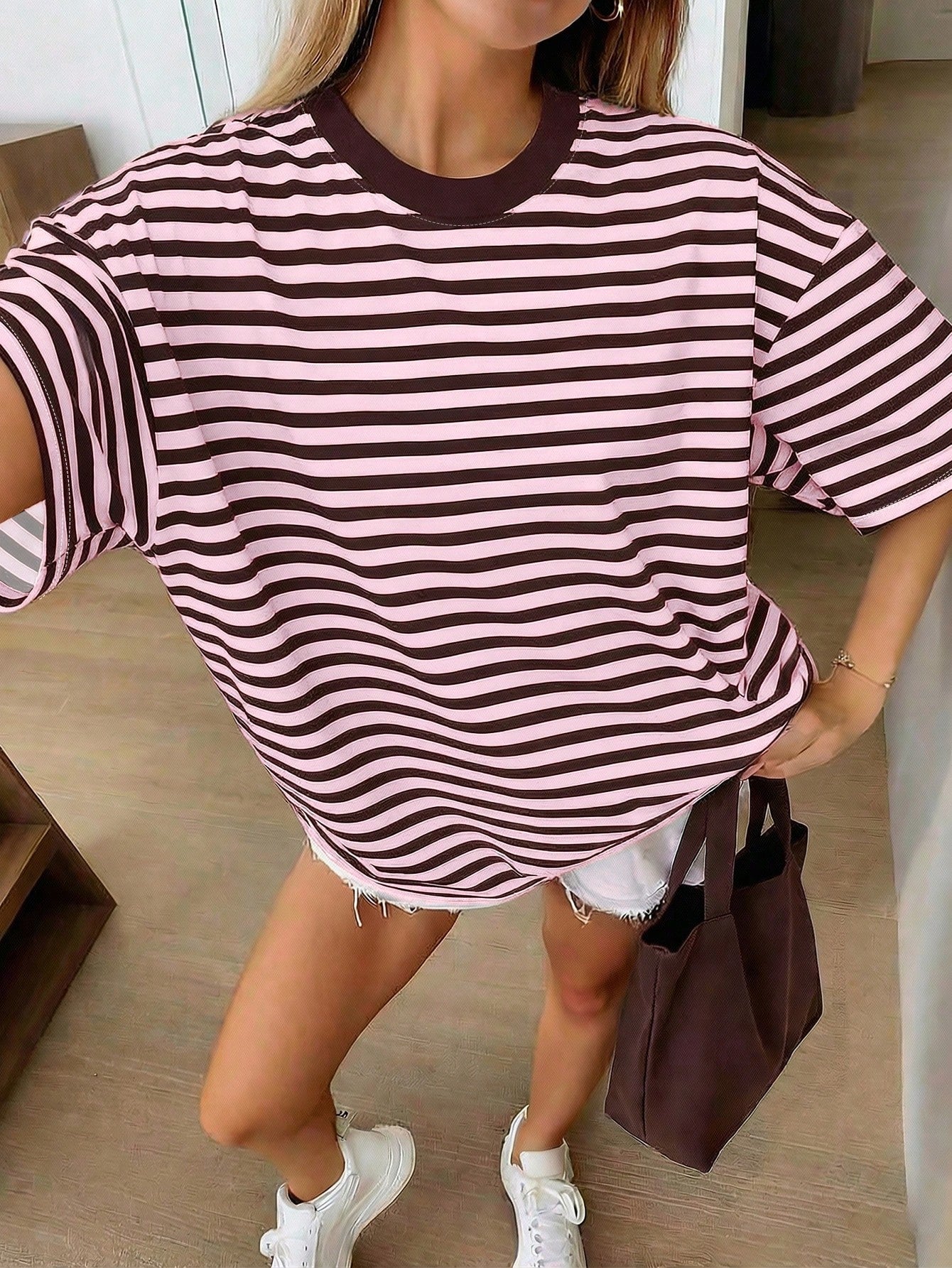 Oversized Loose Fit Short Sleeve T-Shirt, Casual Vacation Outfit For Women Pink Summer