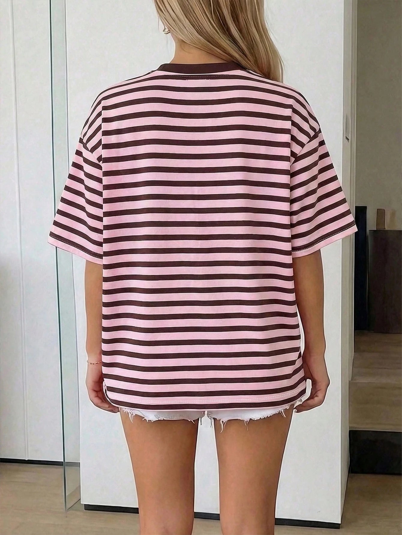 Oversized Loose Fit Short Sleeve T-Shirt, Casual Vacation Outfit For Women Pink Summer