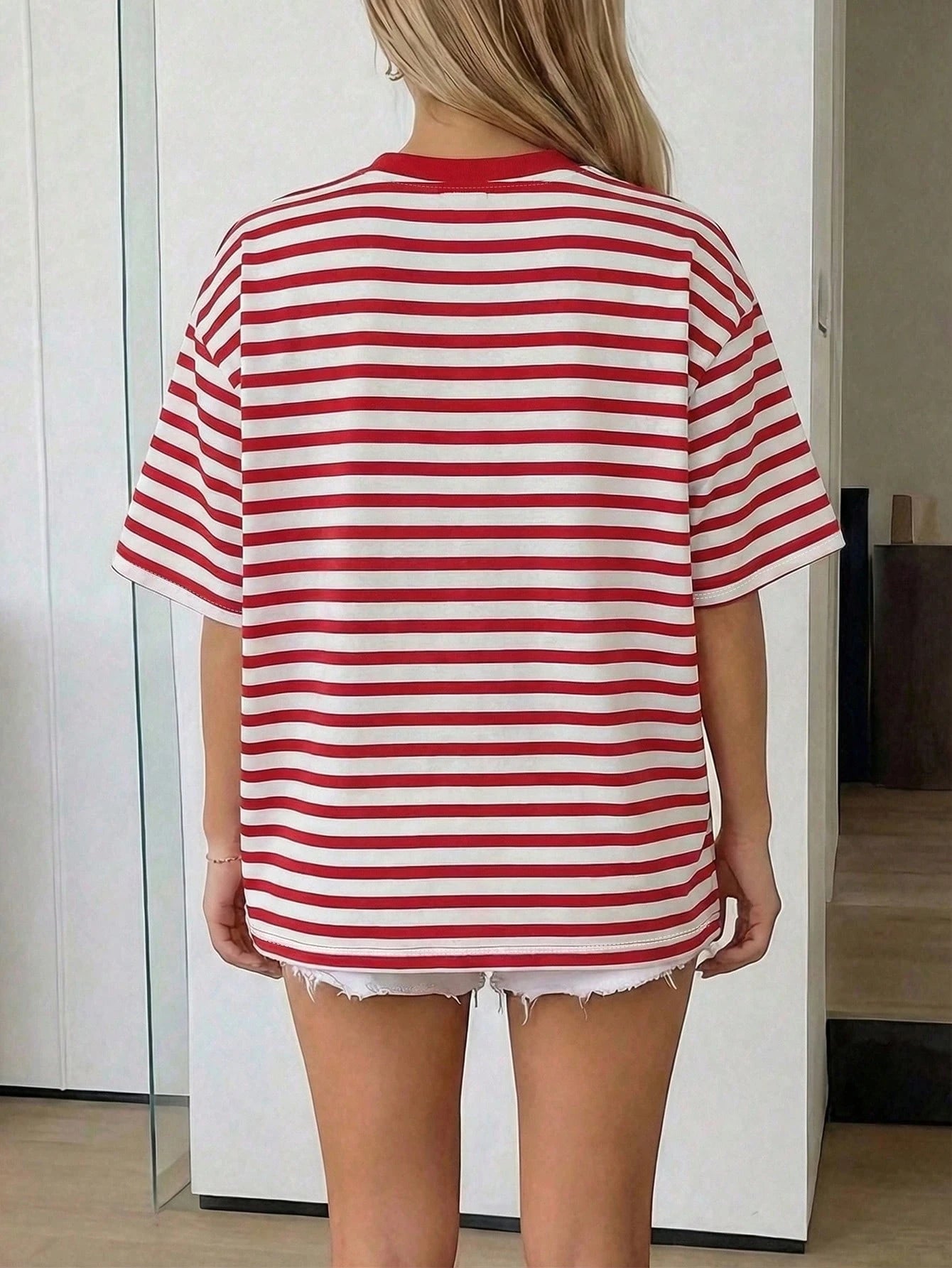 Oversized Loose Fit Short Sleeve T-Shirt, Casual Vacation Outfit For Women Pink Summer