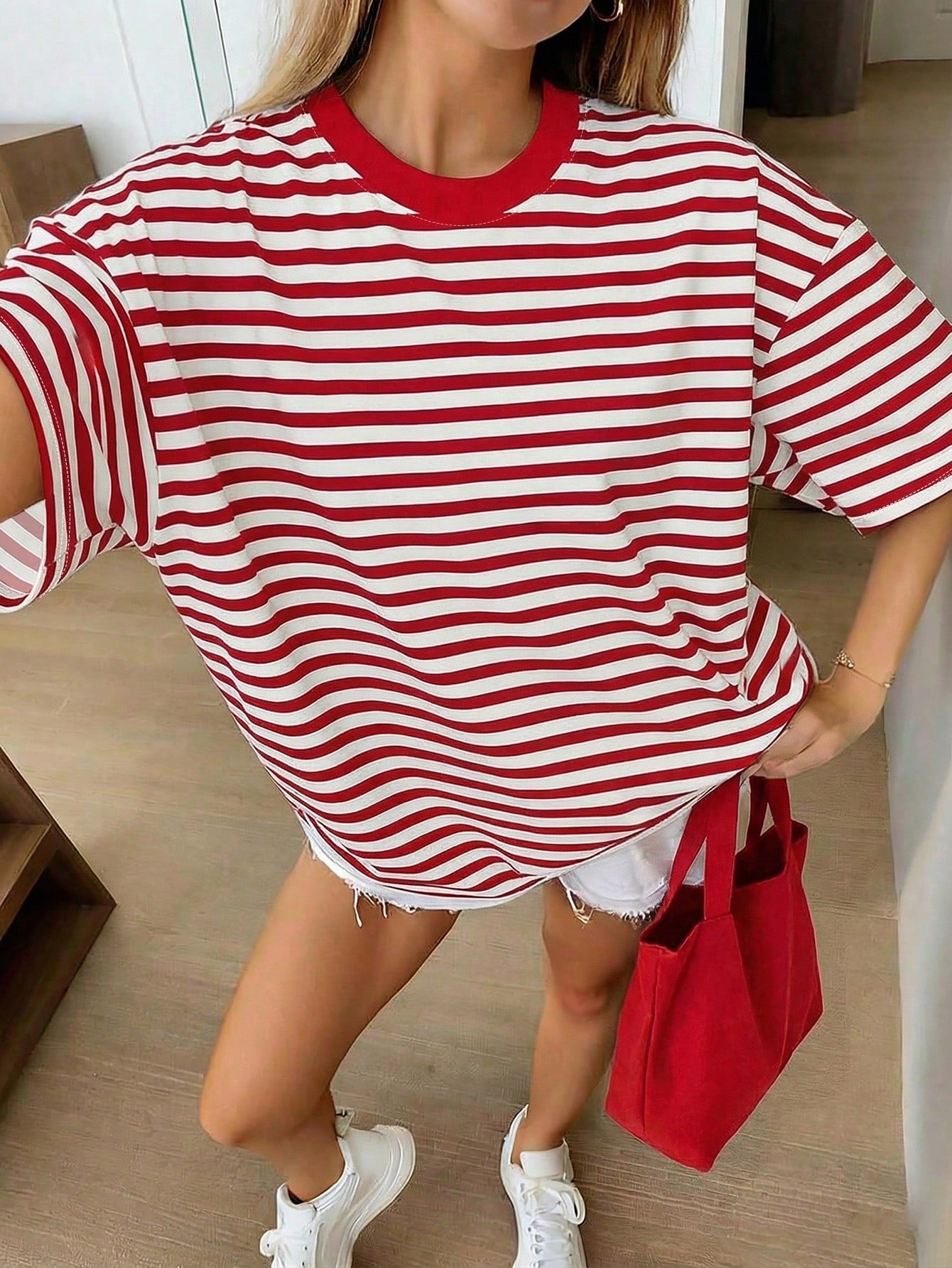 Oversized Loose Fit Short Sleeve T-Shirt, Casual Vacation Outfit For Women Pink Summer