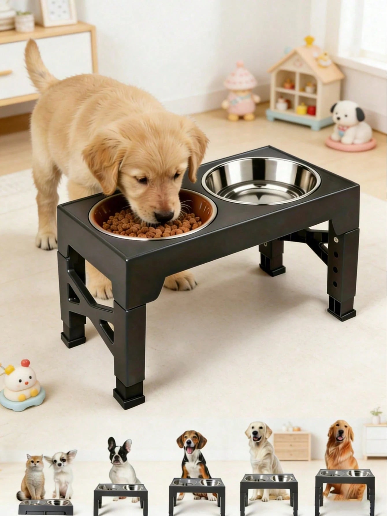 1pc Elevated Dog Feeder, Foldable Design With 4 Adjustable Heights, Includes 2 Stainless Steel Bowls, Non-Slip